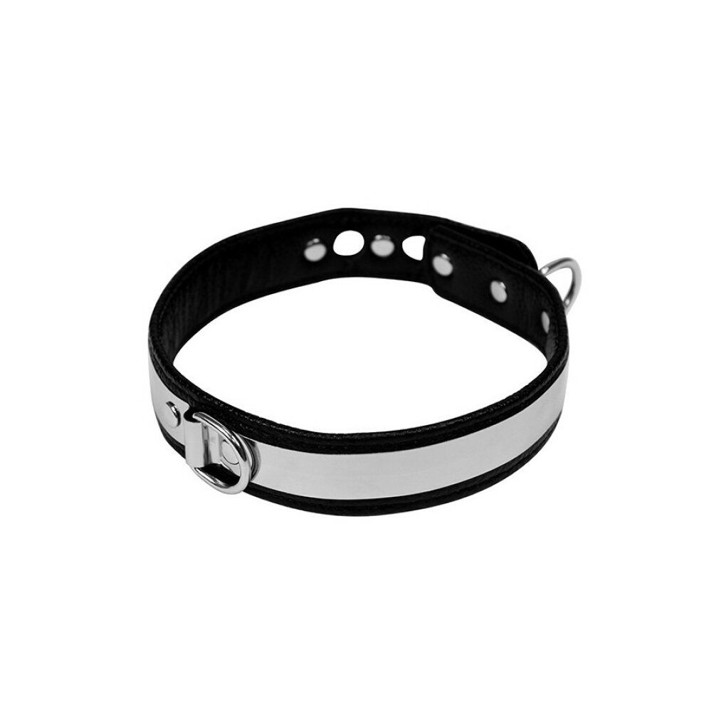 Halsband aus Leder und Metall, 3 cm breit. Schwarzes Leder, silberfarbenes Metall. Mit Metallring und Nieten.