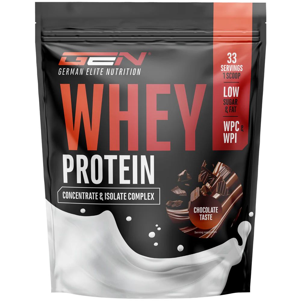 Schwarze Tüte GEN Whey Protein. Konzentrat & Isolat Complex. 33 Portionen. Schokoladengeschmack. Enthält Milch. WPC & WPI.
