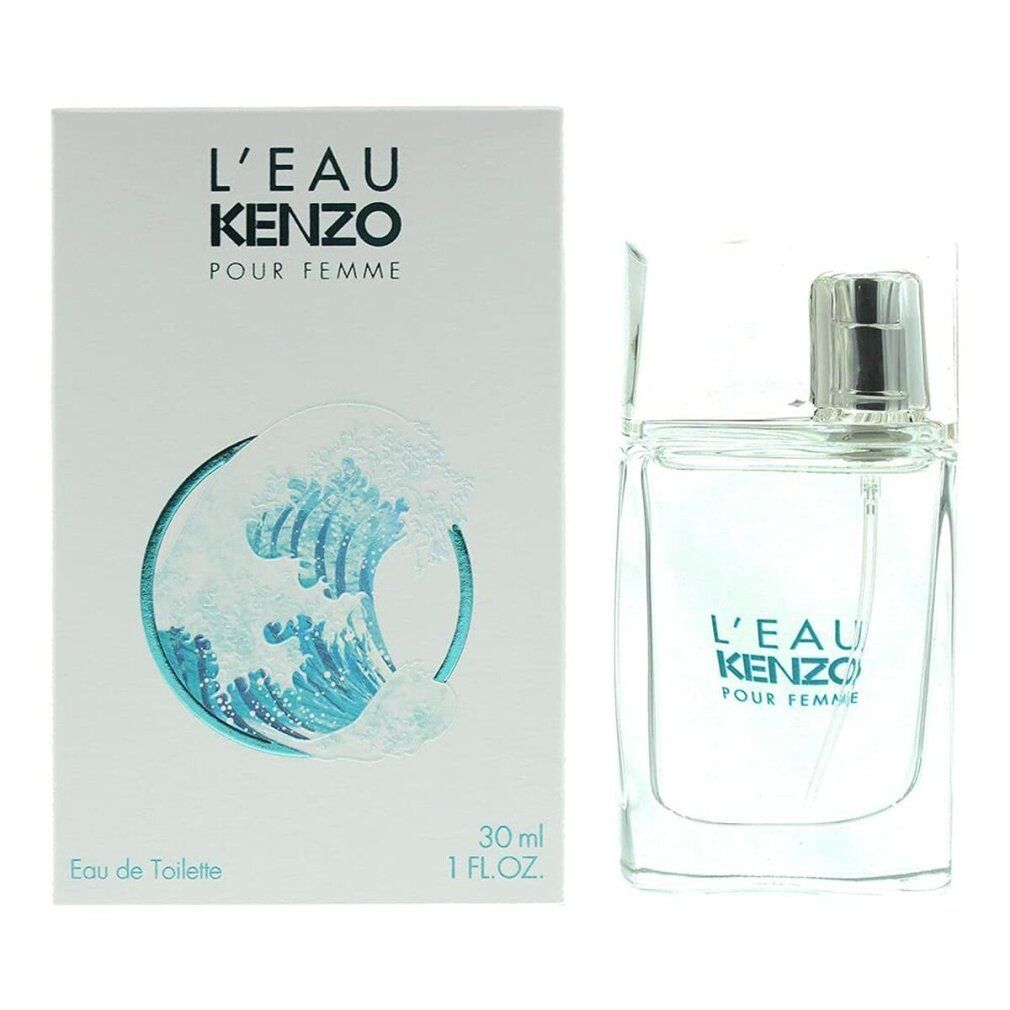 Kenzo L'Eau Pour Femme Edt Spray. Flakon und Verpackung. Flakon mit silbernem Verschluss. Verpackung mit Wellenmuster.