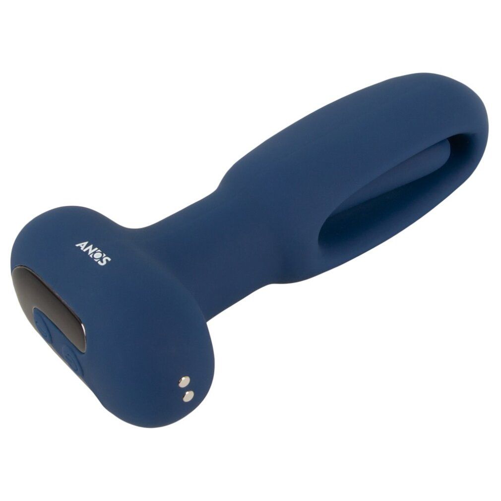 Blauer Analplug mit Flicking-Tongue-Funktion und zwei Knöpfen an der Basis.