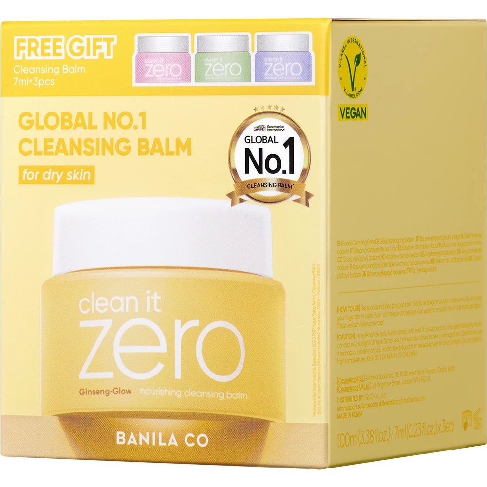 Verpackung mit gelbem Tiegel und drei kleinen Tiegeln. Aufschrift: clean it zero. Vegan-Siegel. Global No.1 Cleansing Balm.