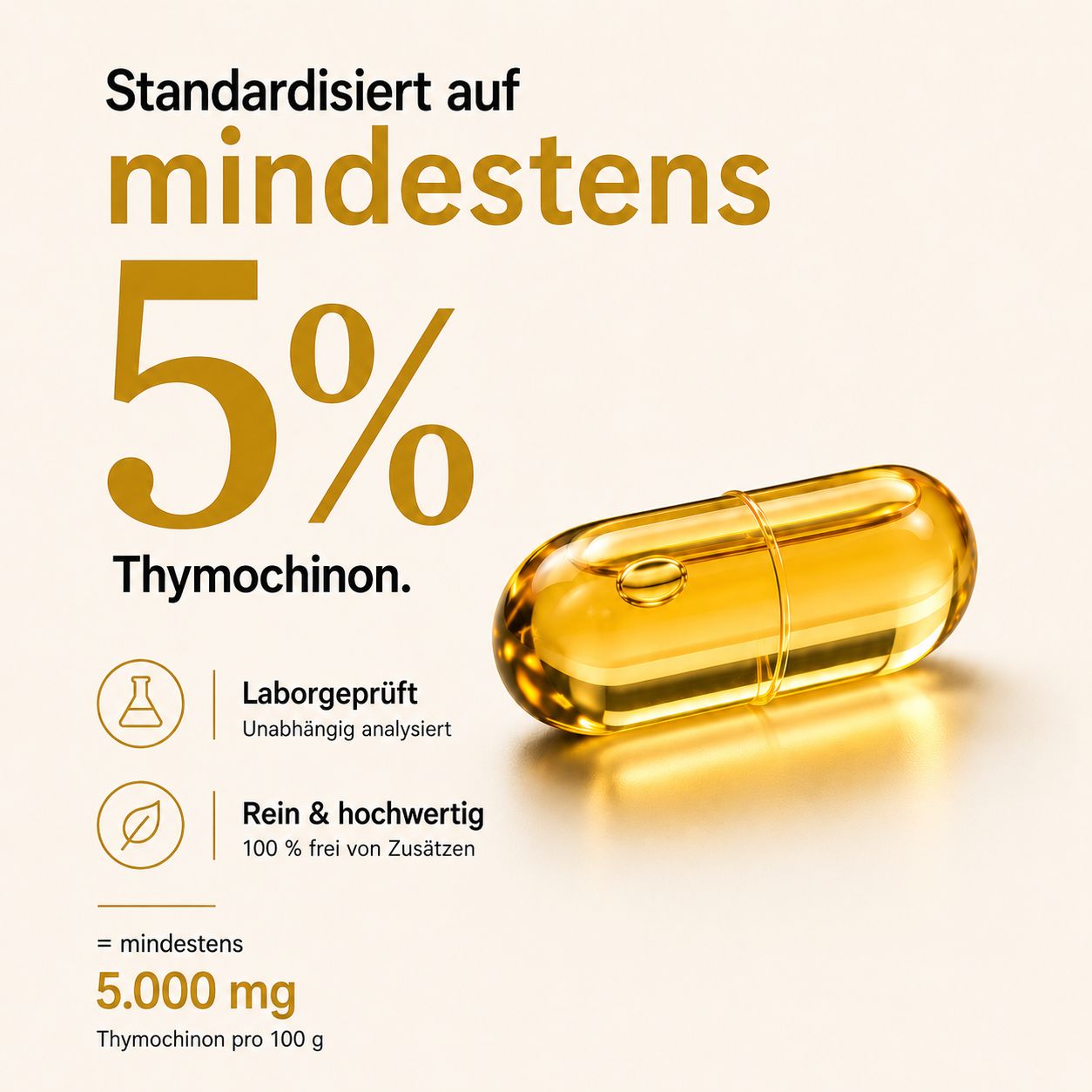 Eine transparente Kapsel mit gelbem Inhalt, standardisiert auf 5% Thymochinon.