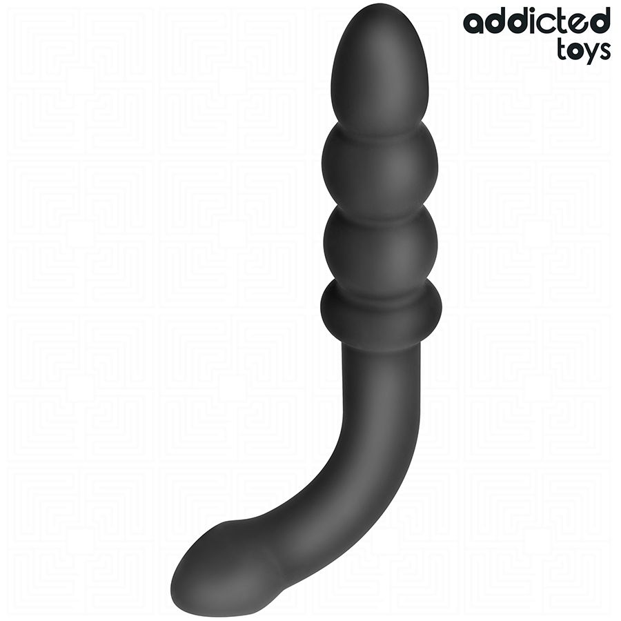 Doppelseitiger Analplug mit gerilltem Schaft und abgerundetem Ende. Schwarzes Material.