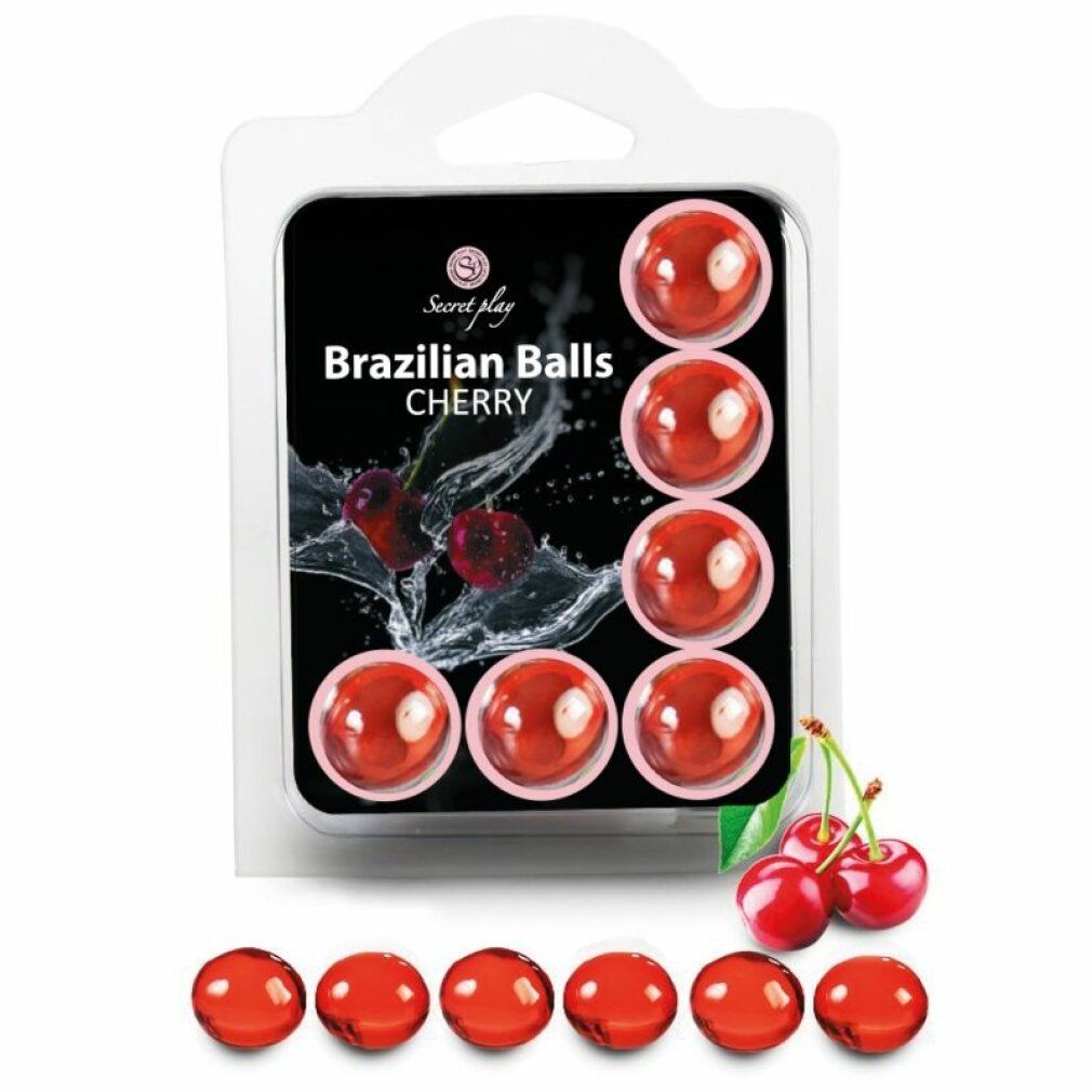 Verpackung mit 8 roten Kugeln, Kirsch-Design. "Secret Play Brazilian Balls Cherry" aufgedruckt.