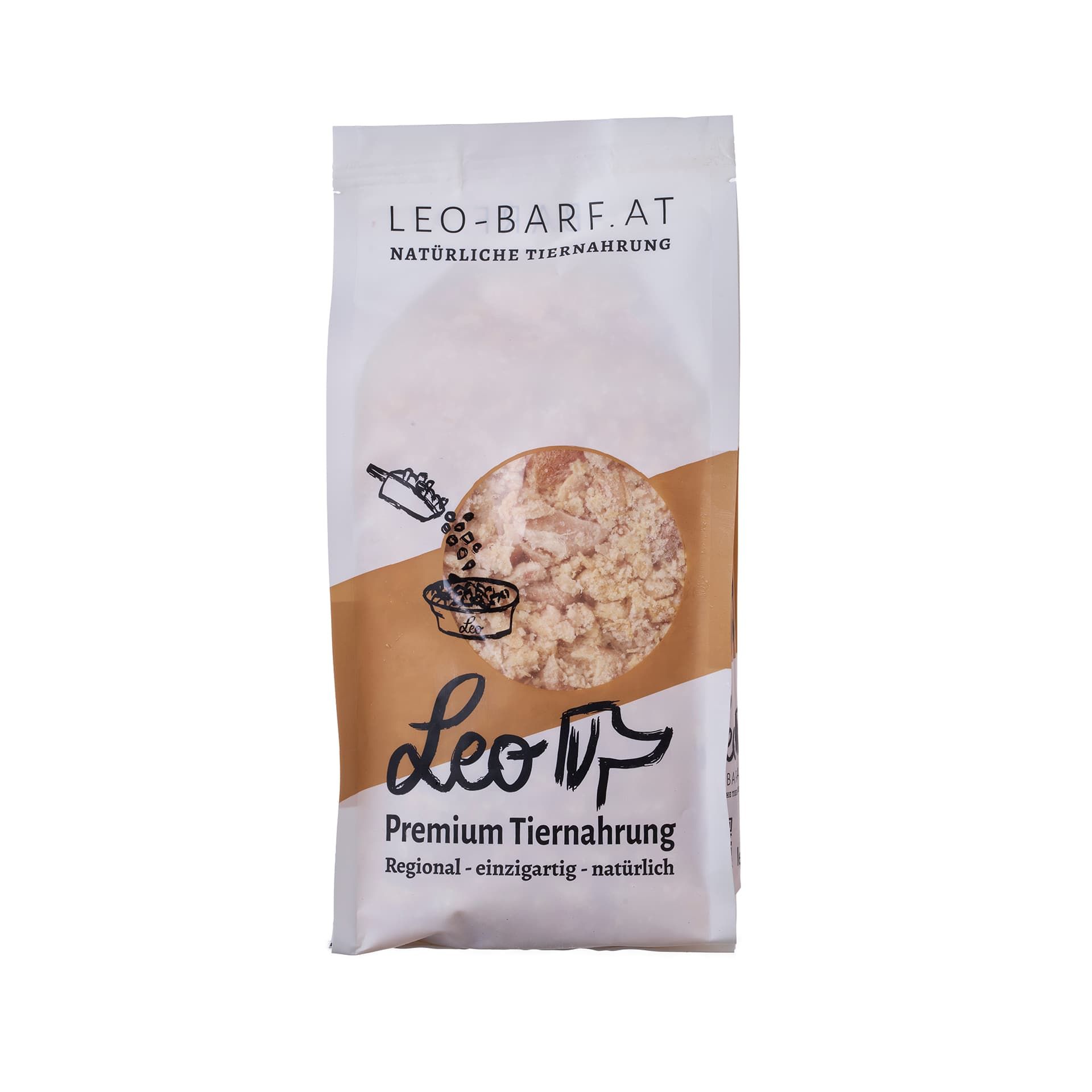 Weiße und braune Verpackung für Leo-Barf.at Premium Tiernahrung mit Abbildung von Futterbrocken.