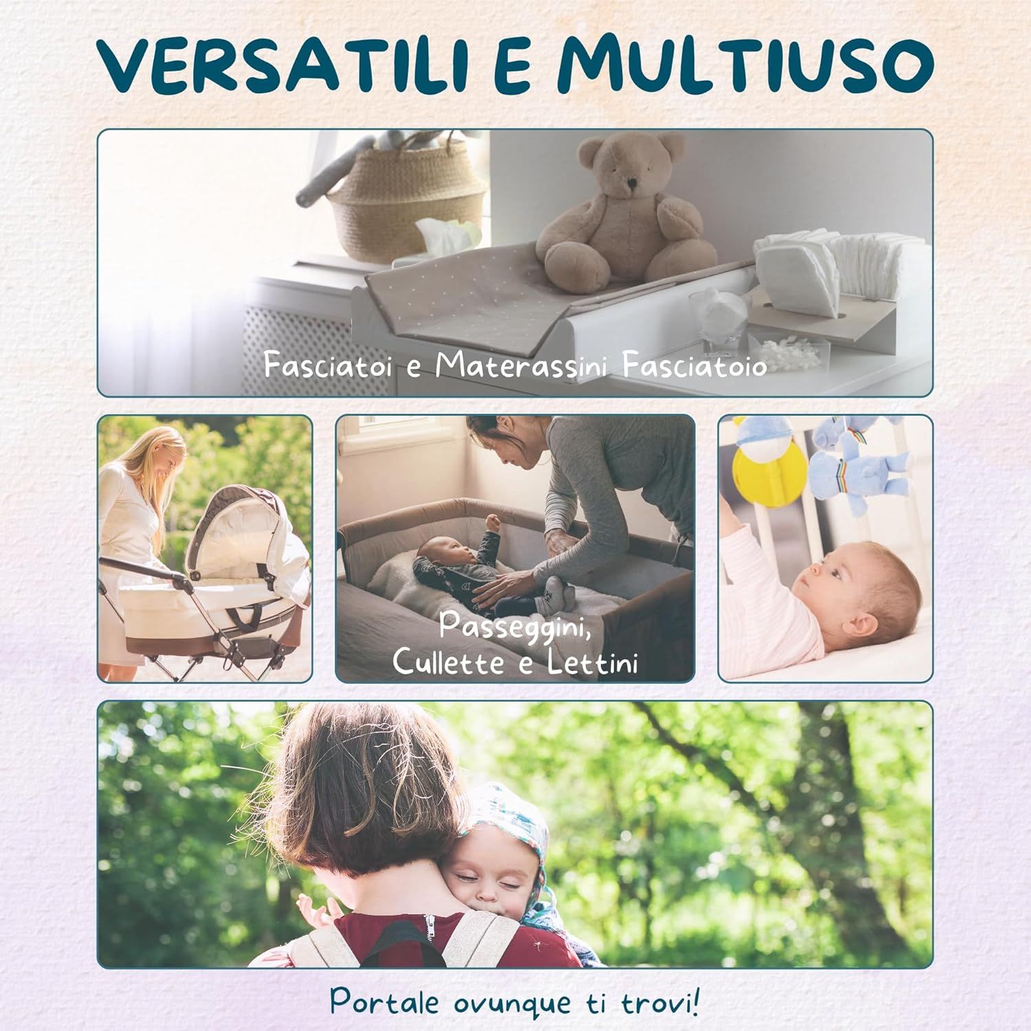 Verschiedene Anwendungen von Dailee Bed-Unterlagen: Wickeltisch, Kinderwagen, Bettchen, etc.