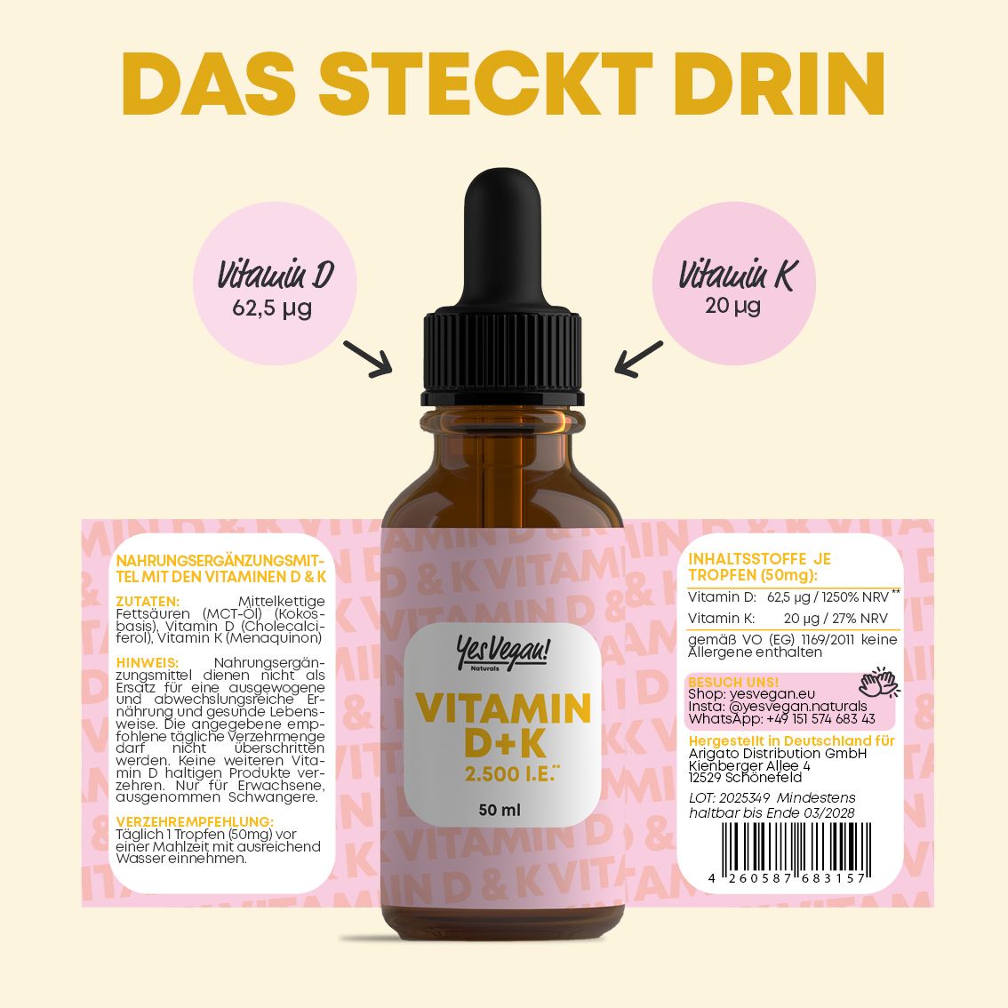 Braune Flasche mit Tropfer. Etikett mit Produktinformationen: Vitamin D & K, 2.500 I.E., 50 ml. Enthält Vitamin D und K.