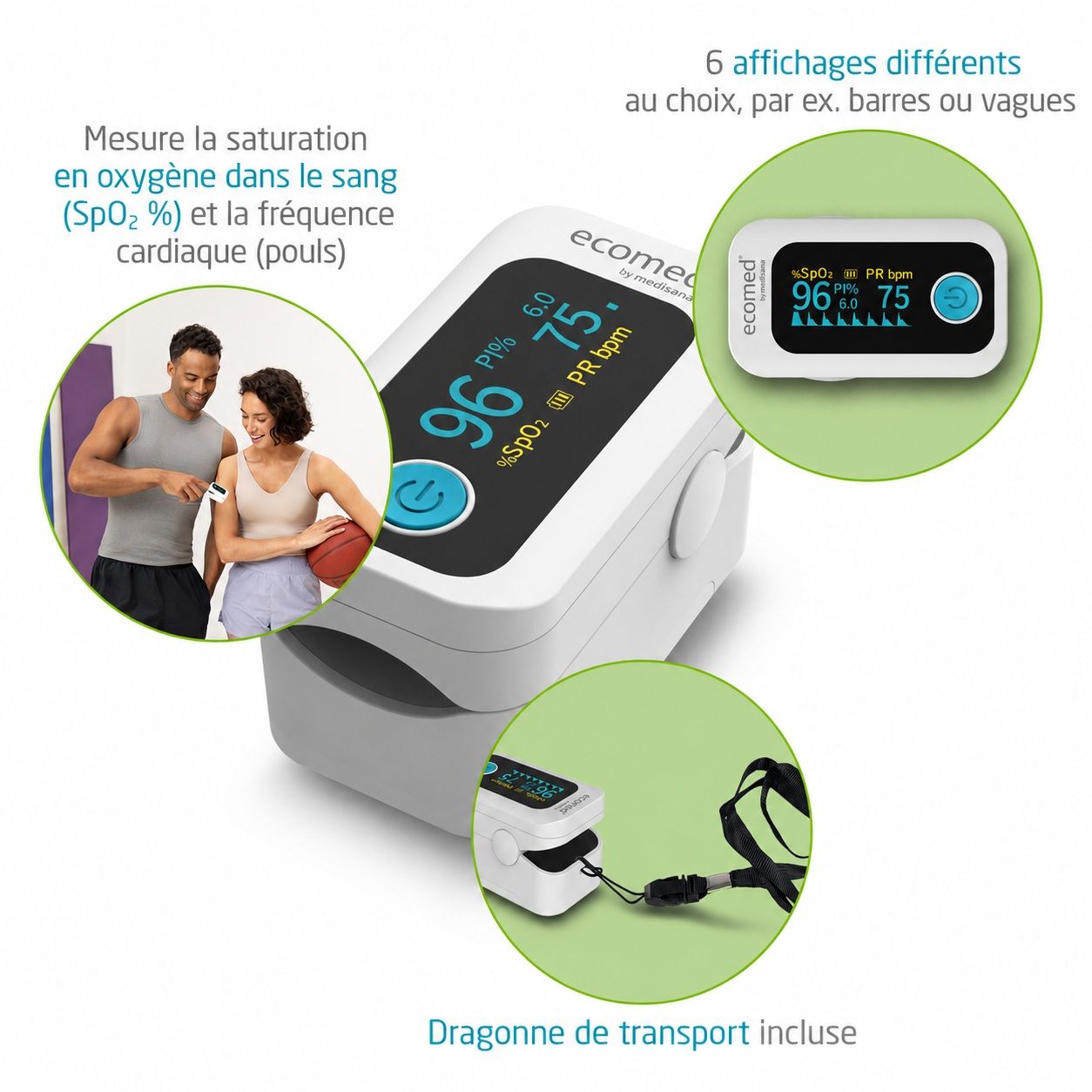 ecomed Pulsoximeter misst Blutsauerstoff und Pulsfrequenz. Mit 6 verschiedenen Anzeigeoptionen und Tragegurt.