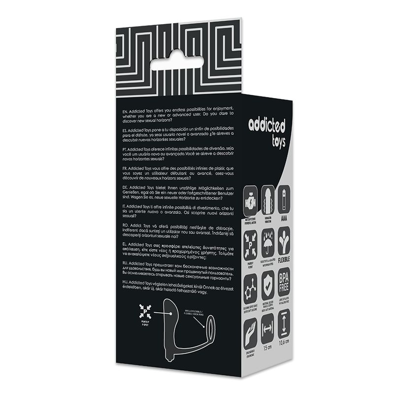 Rückseite der Addicted Toys Verpackung. Text in mehreren Sprachen und Piktogramme.