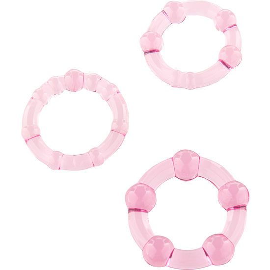 Drei rosa Penisringe. Unterschiedliche Größen und Formen. Aus transparentem Material mit abgerundeten Elementen.