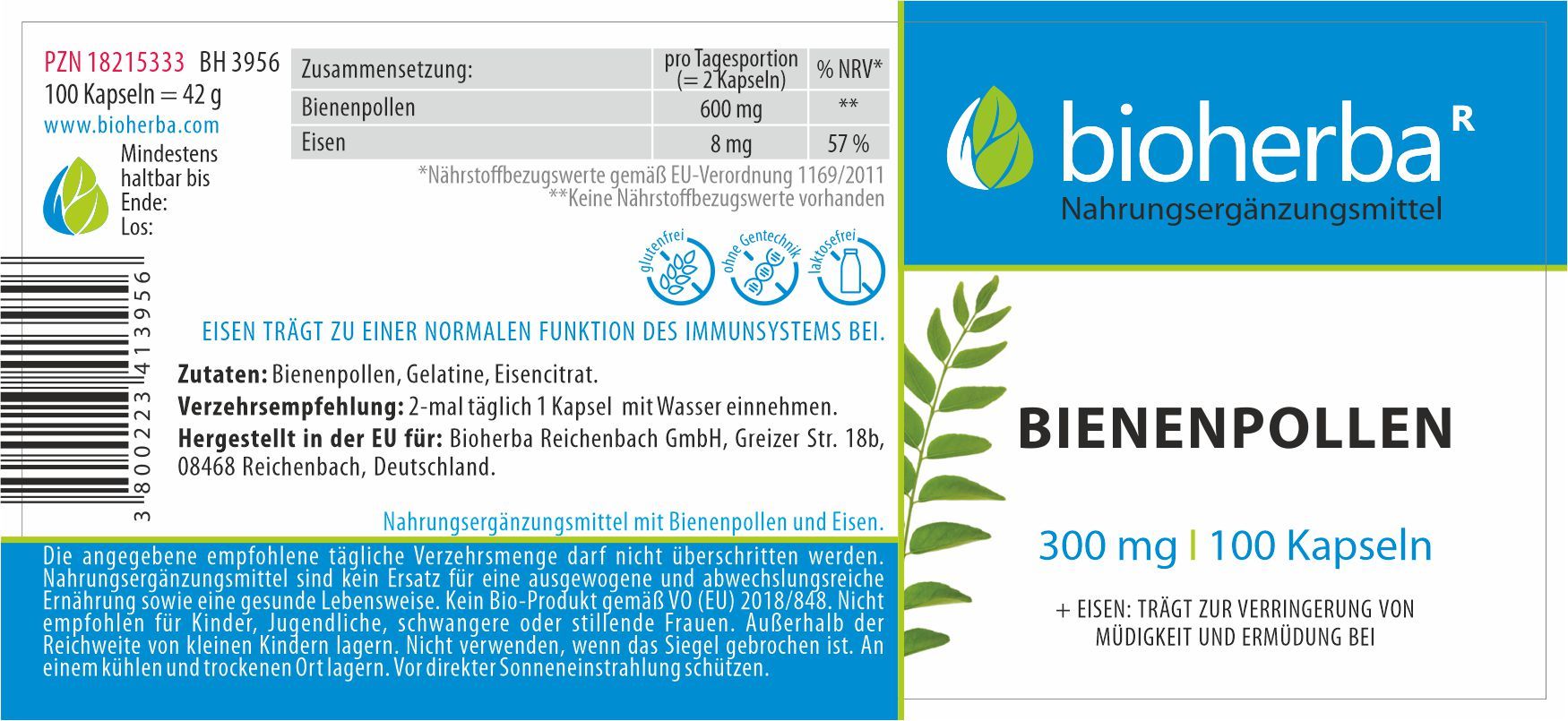 Etikett mit Produktinformationen. Bioherba Bienenpollen Kapseln, 300 mg, 100 Kapseln. Enthält Eisen. Text in Deutsch.