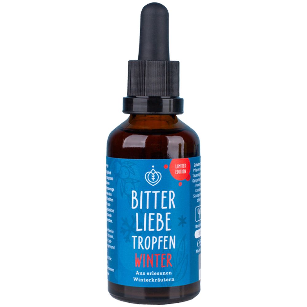 Braune Glasflasche mit schwarzem Tropfer. Blaues Etikett mit "BitterLiebe Tropfen Winter". Roter Aufkleber "Limited Edition".