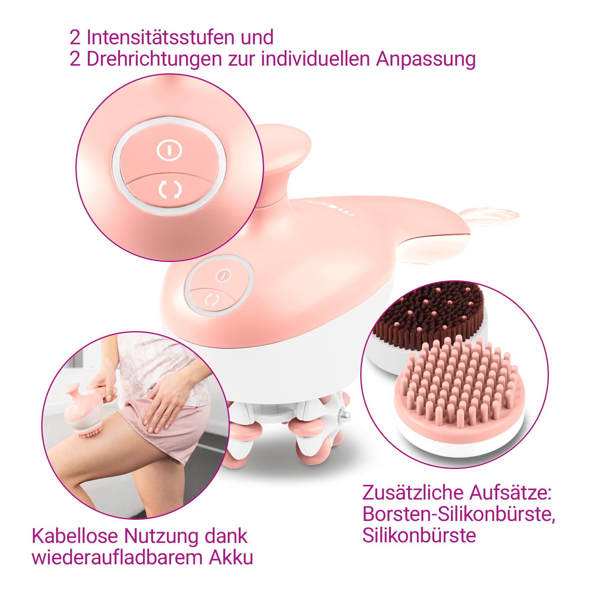 Rosa Massagegerät mit zwei Aufsätzen: Borsten und Silikonbürsten.