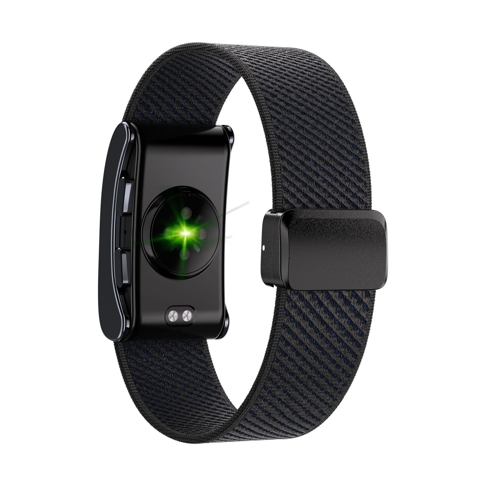 Rückseite des schwarzen GPS Smart Armbands mit Herzfrequenzsensor und Ladekontakten.