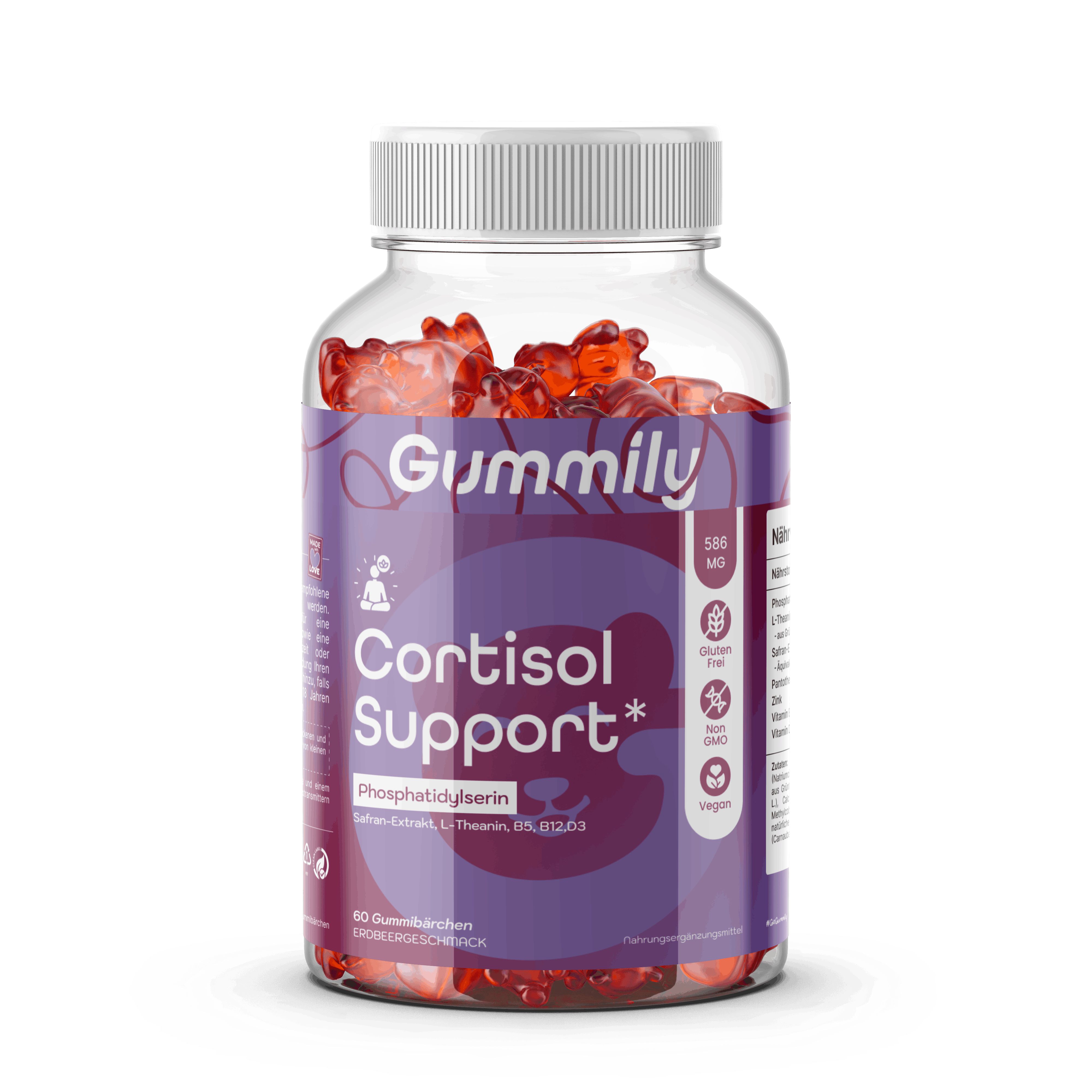 Gummily Cortisol Support Flasche mit 60 Gummibärchen, auf grauem Hintergrund.