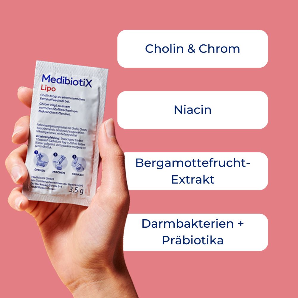 Hand hält MedibiotiX Lipo-Beutel. Aufschrift: Cholin & Chrom, Niacin, Bergamottefrucht-Extrakt, Darmbakterien + Präbiotika. Rosa Hintergrund.