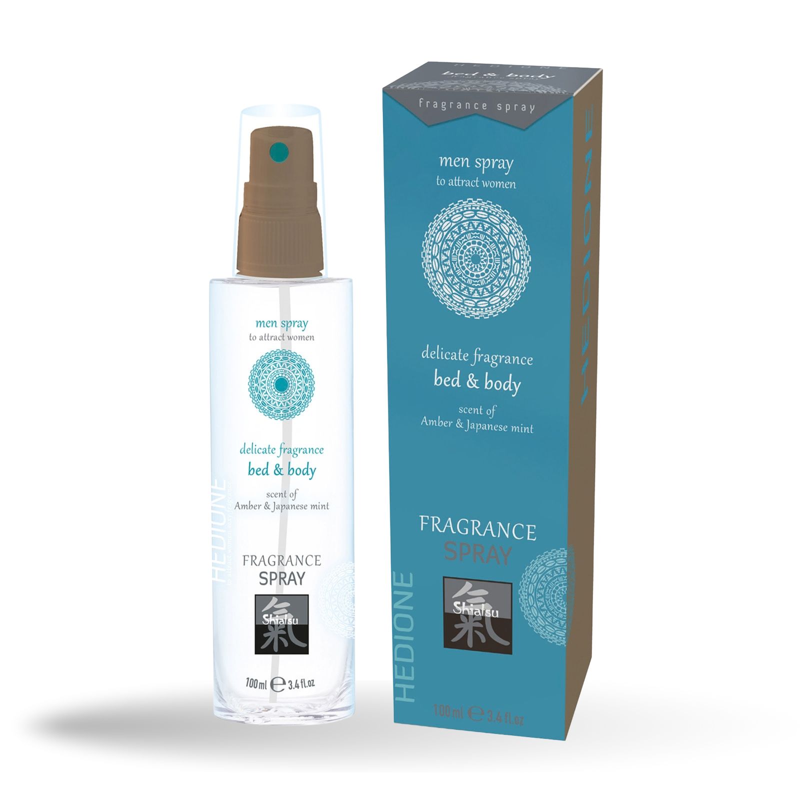Flakon und Schachtel nebeneinander. Flakon: klar, brauner Sprühkopf. Schachtel: Türkis. Text: men spray, fragrance spray, Shiatsu, 100ml.