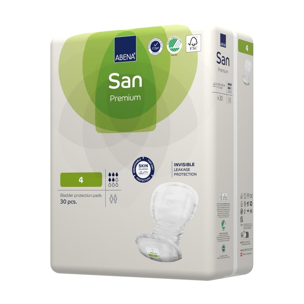 ABENA San Premium Einlagen, Packung. Weiß mit grünem Logo. Aufdruck: San, Premium, 4, 30 Stück. Sichtbar: Einlage.