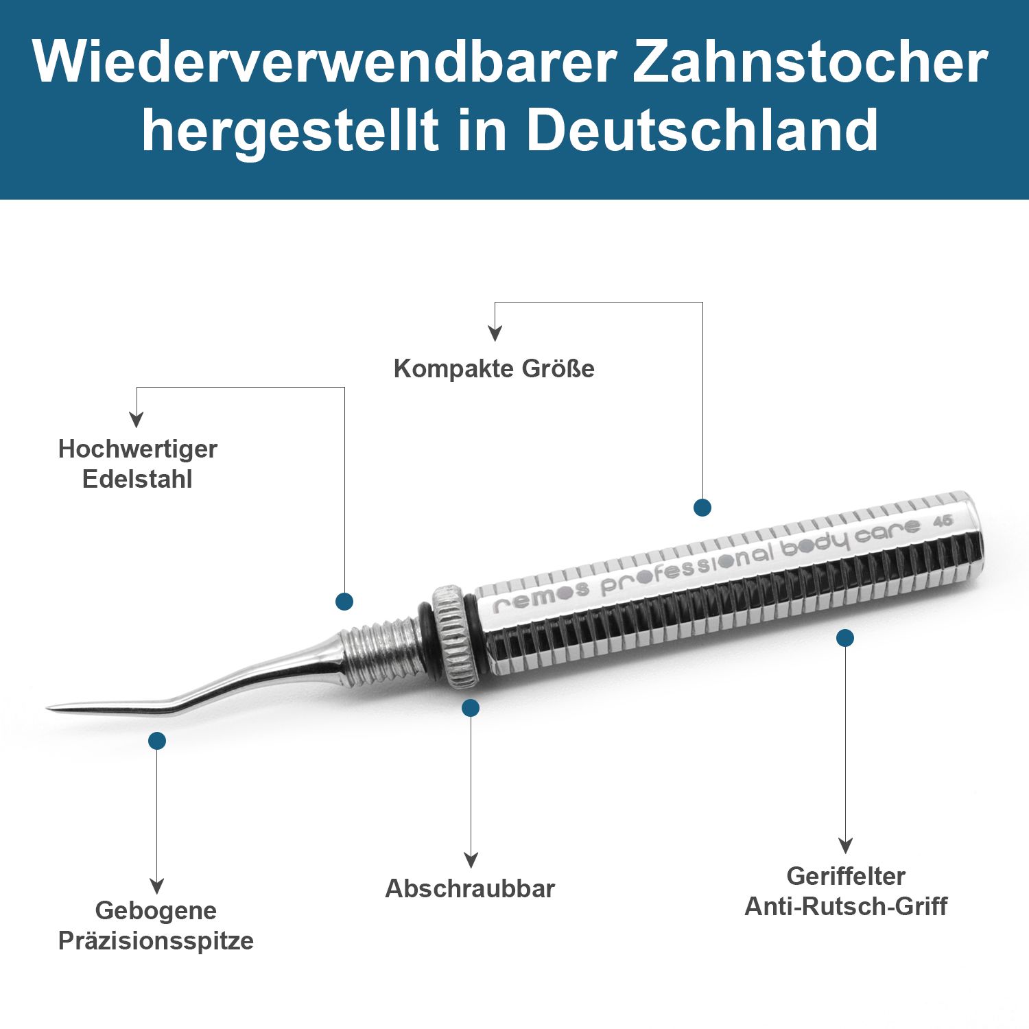 Edelstahl-Zahnstocher mit gebogener Präzisionsspitze und geriffeltem Griff.