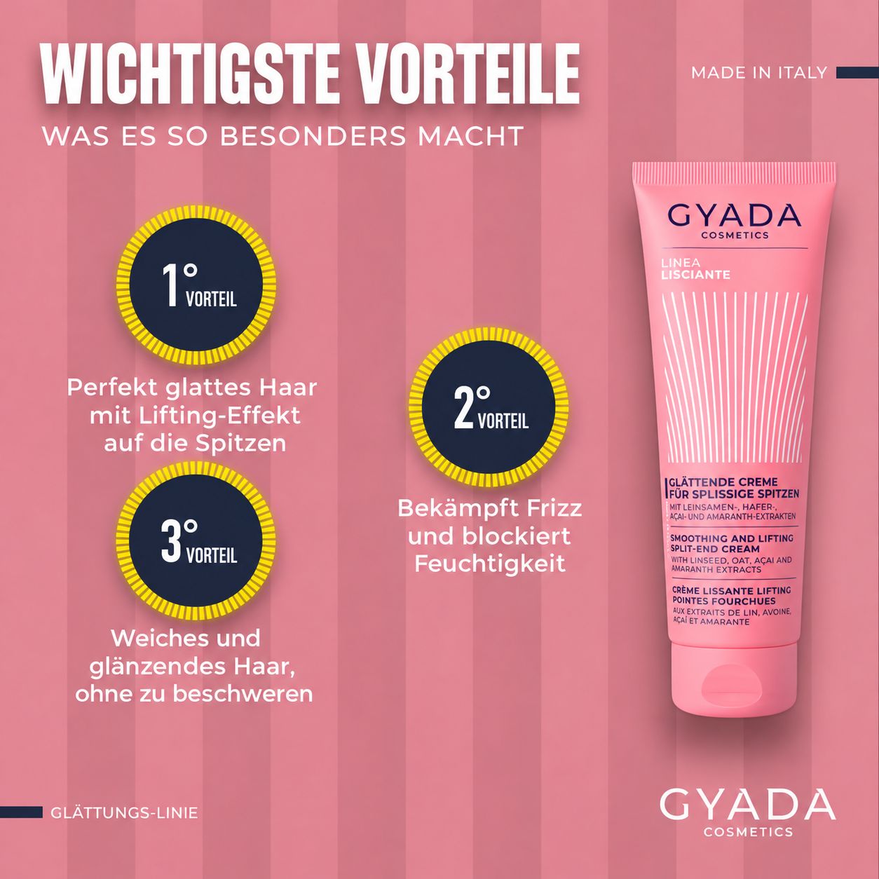 GYADA Cosmetics Glättungs-Linie: Vorteile und rosa Tube.