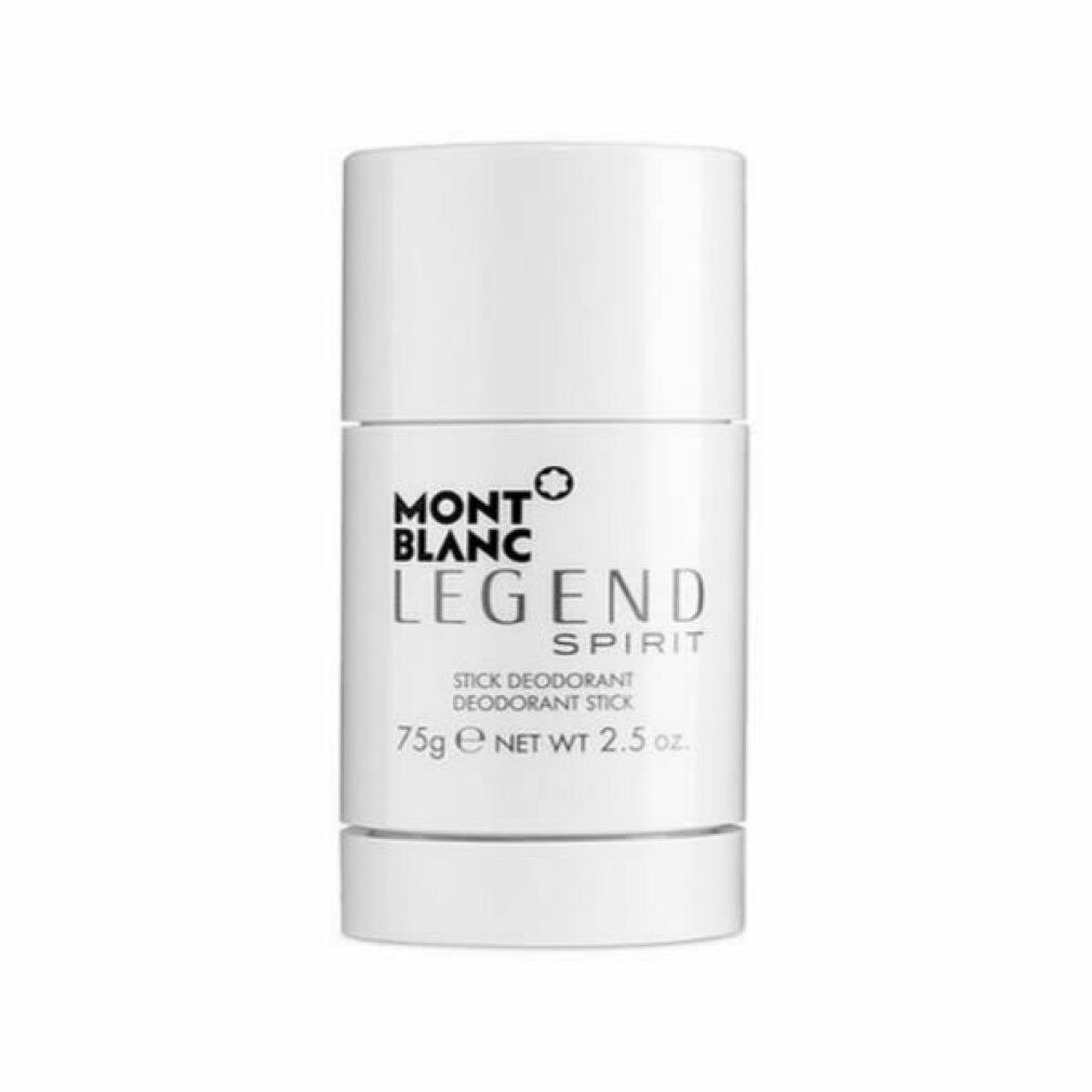 Weißer Deo-Stick. Aufschrift: MONTBLANC LEGEND SPIRIT, STICK DEODORANT, 75g NET WT 2.5 oz.