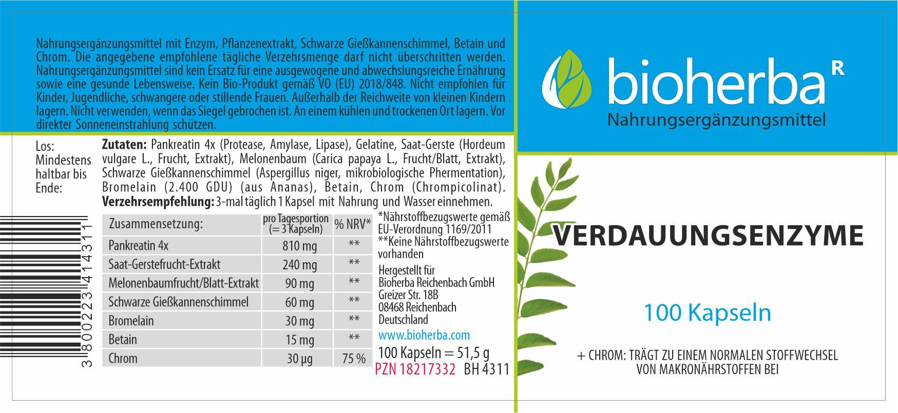 Etikett mit Produktinformationen. Enthält Inhaltsstoffe, Dosierung und Herstellerangaben. "bioherba" Logo und "Verdauungsenzyme" Schriftzug.