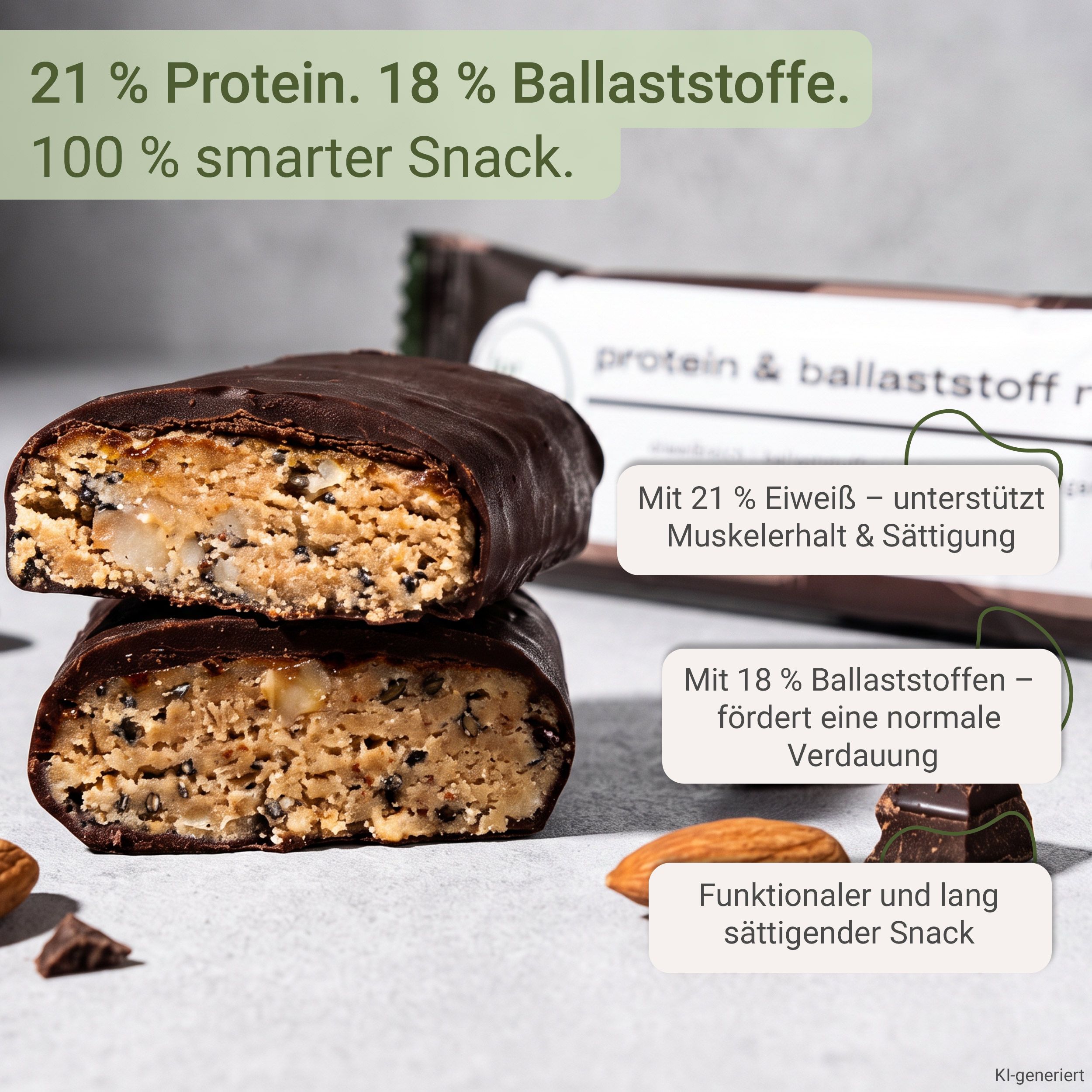 Zwei Schokoriegel gestapelt, mit Mandeln und Schokostückchen gefüllt. Text: 21% Protein, 18% Ballaststoffe.