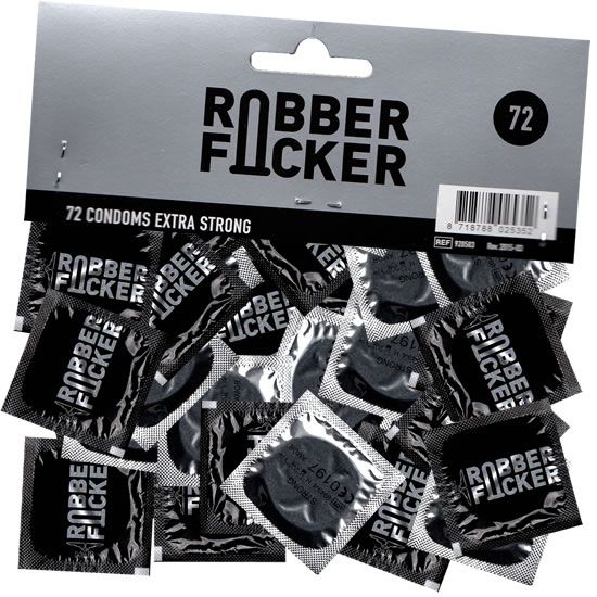 Packung mit 72 Kondomen. Schwarze Einzelverpackungen mit Produktnamen. Aufschrift: 72 Condoms Extra Strong.
