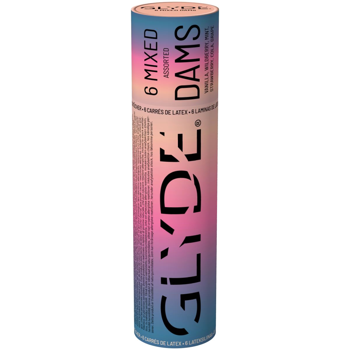 Zylindrische Verpackung mit der Aufschrift "GLYDE DAMS". Enthält 6 gemischte Latex-Dams mit verschiedenen Geschmacksrichtungen.
