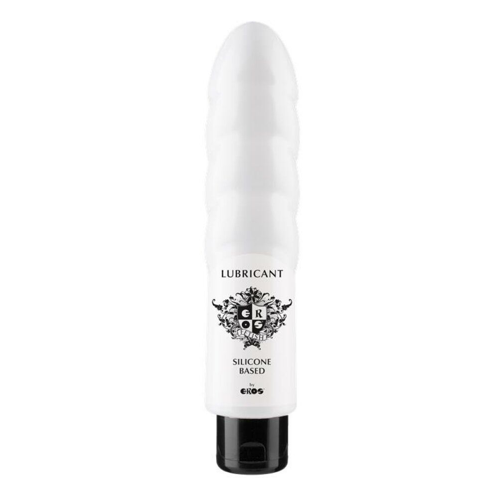 Weißes, dildo-förmiges Behältnis mit schwarzem Verschluss. Aufschrift: LUBRICANT, SILICONE BASED. Marke: EROS.