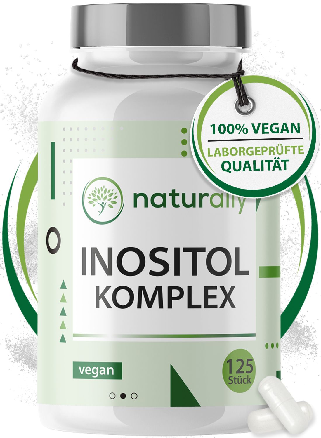 Weiße Kapseln und eine Flasche mit dem Aufdruck 'Inositol Komplex'. Label mit '100% Vegan' und 'Laborgeprüfte Qualität'.
