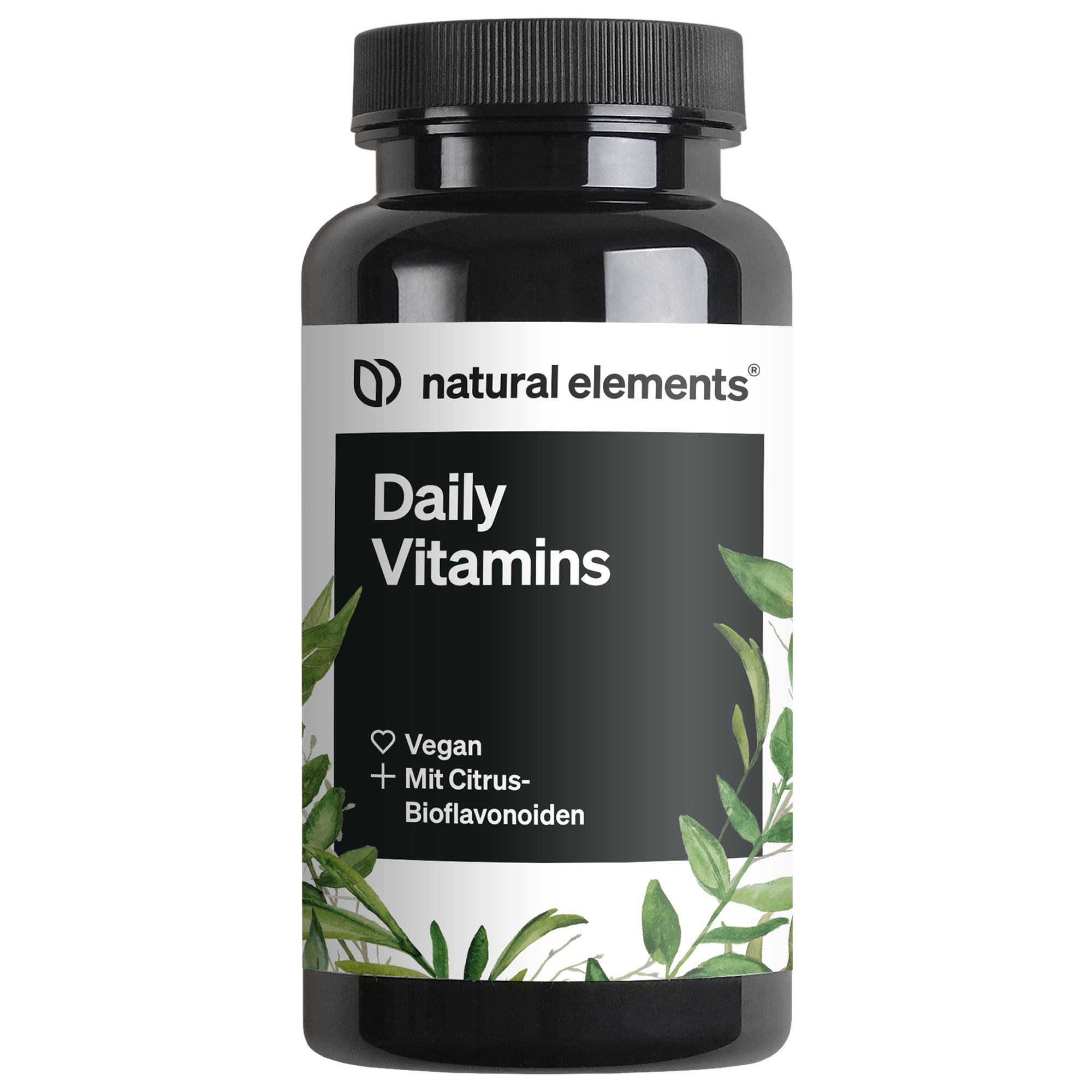 Schwarze Flasche mit schwarzen Deckel. Aufkleber mit "natural elements" und "Daily Vitamins". Grünpflanzen-Illustrationen.