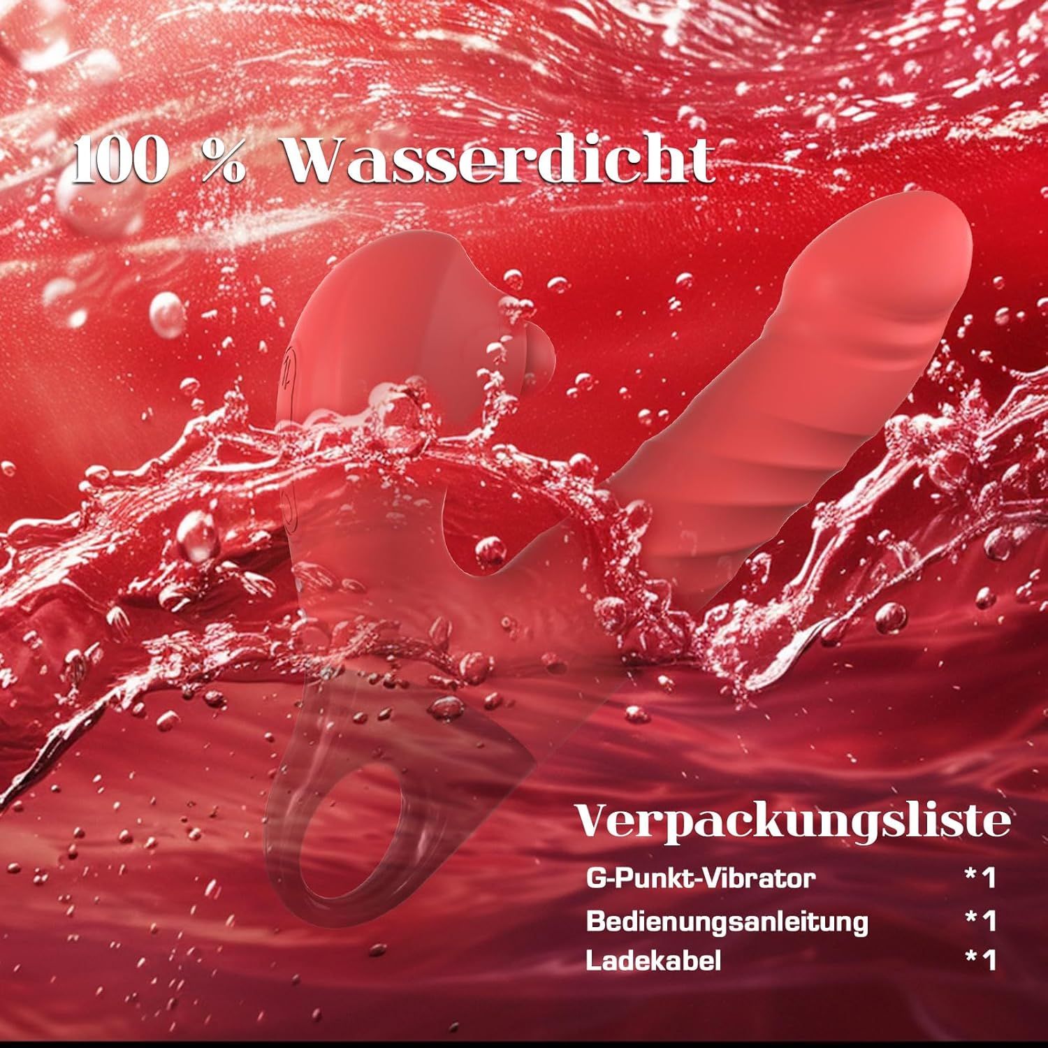 Roter Dildo-Vibrator im Wasser. Text: 100% wasserdicht. Verpackungsliste: G-Punkt-Vibrator, Bedienungsanleitung, Ladekabel.