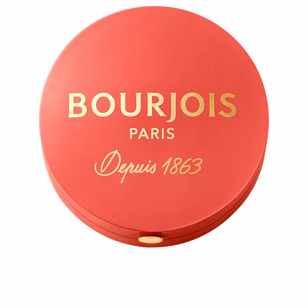 Runder Rouge-Tiegel, geschlossener Deckel. Goldener Schriftzug: BOURJOIS PARIS, Depuis 1863. Roter Behälter.