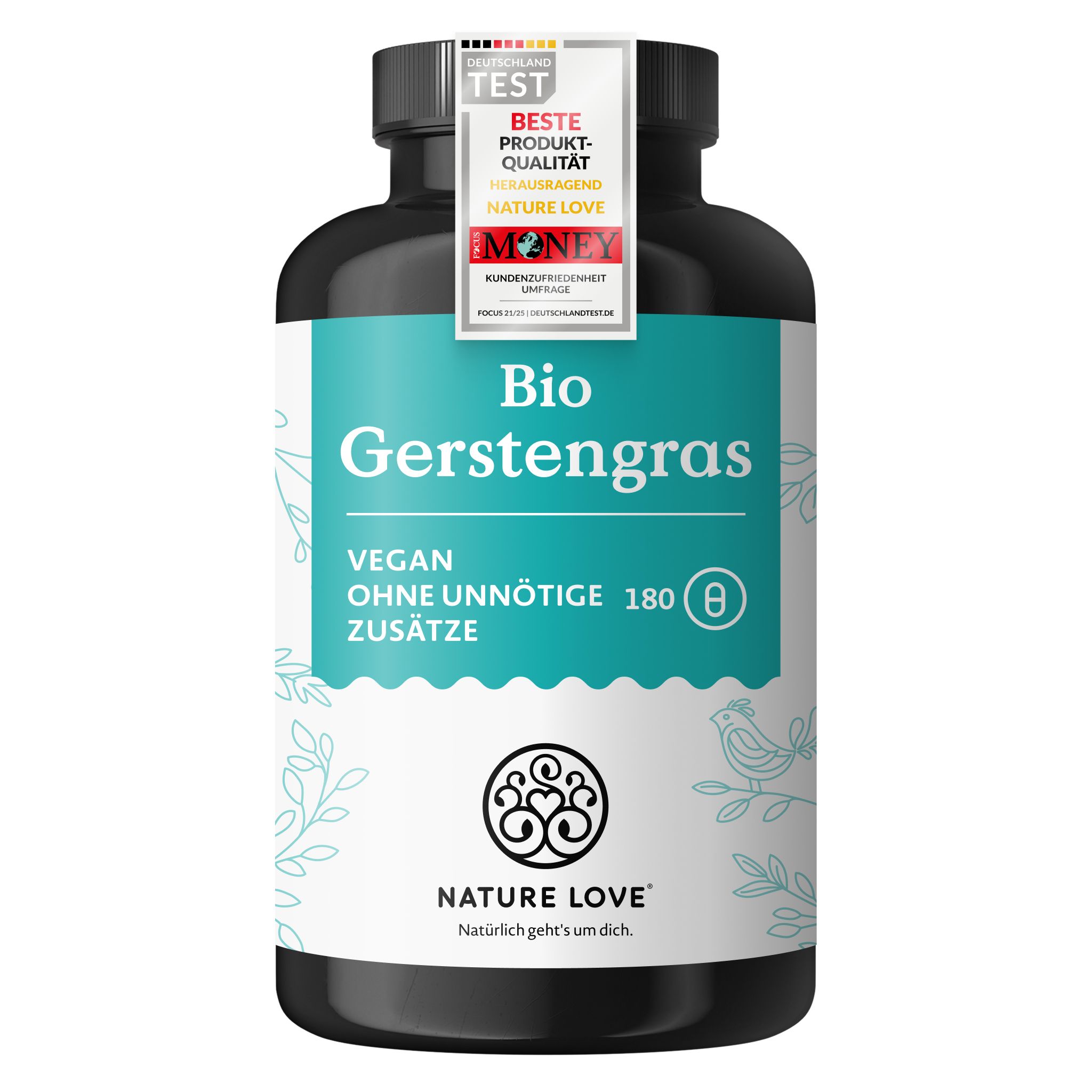 NATURE LOVE® Bio Gerstengras Kapseln: Fläschchen mit Siegel "Beste Produkt-Qualität".