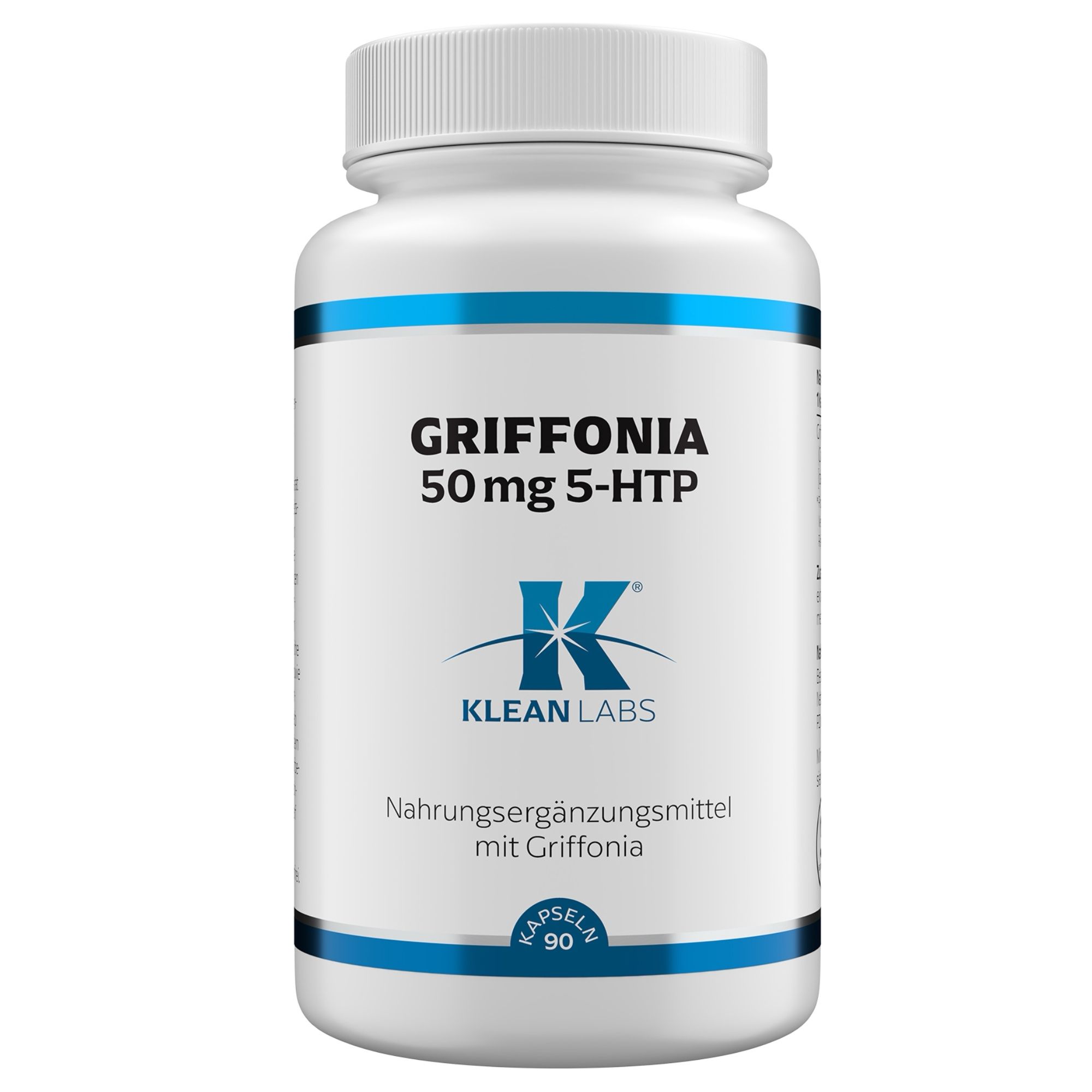Weiße Flasche mit blauem Streifen. Aufschrift: Griffonia 50 mg 5-HTP, Klean Labs. Nahrungsergänzungsmittel mit Griffonia. 90 Kapseln.