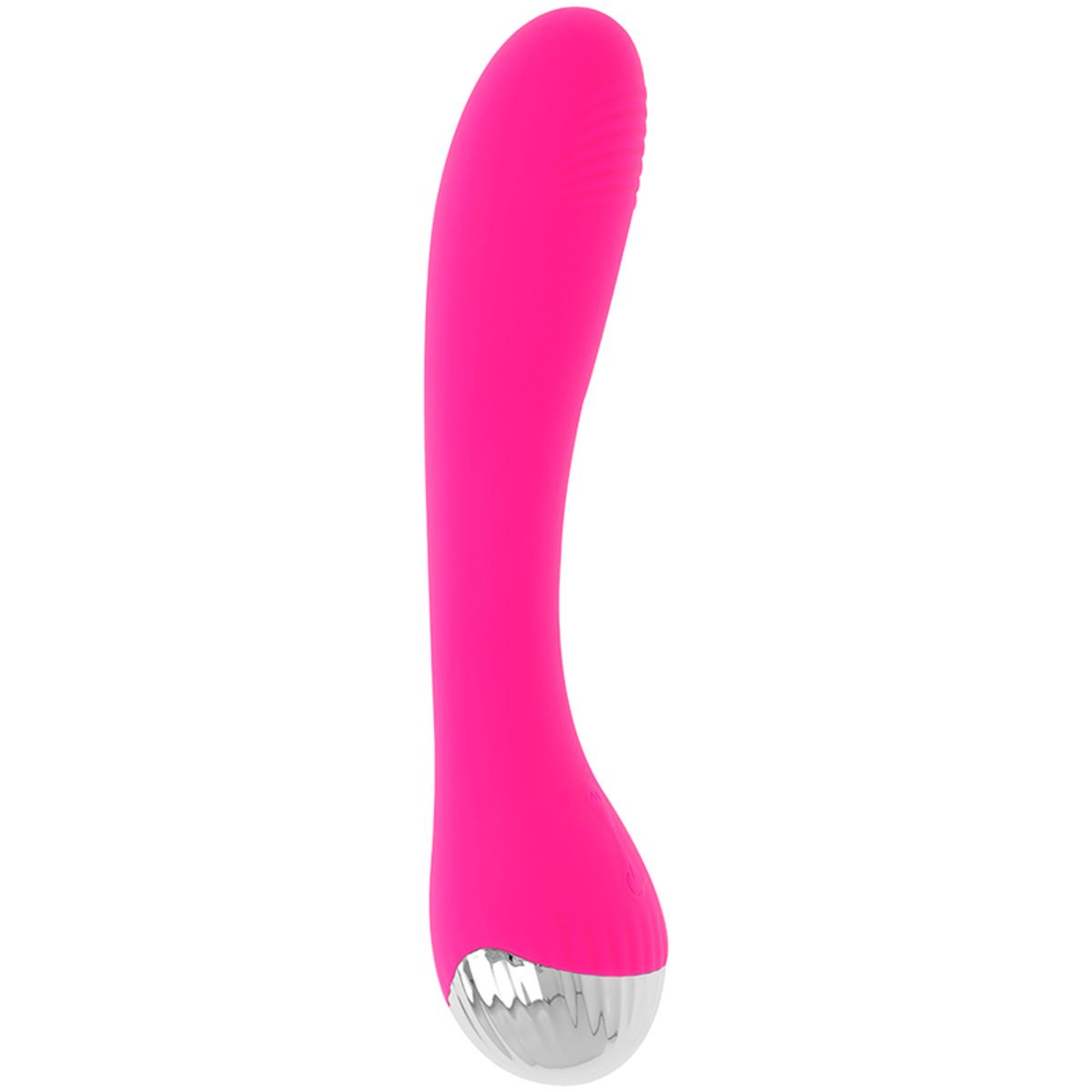 Pinkfarbener Vibrator mit gebogener Form. Silikon-Oberfläche, silberfarbener Kopf.