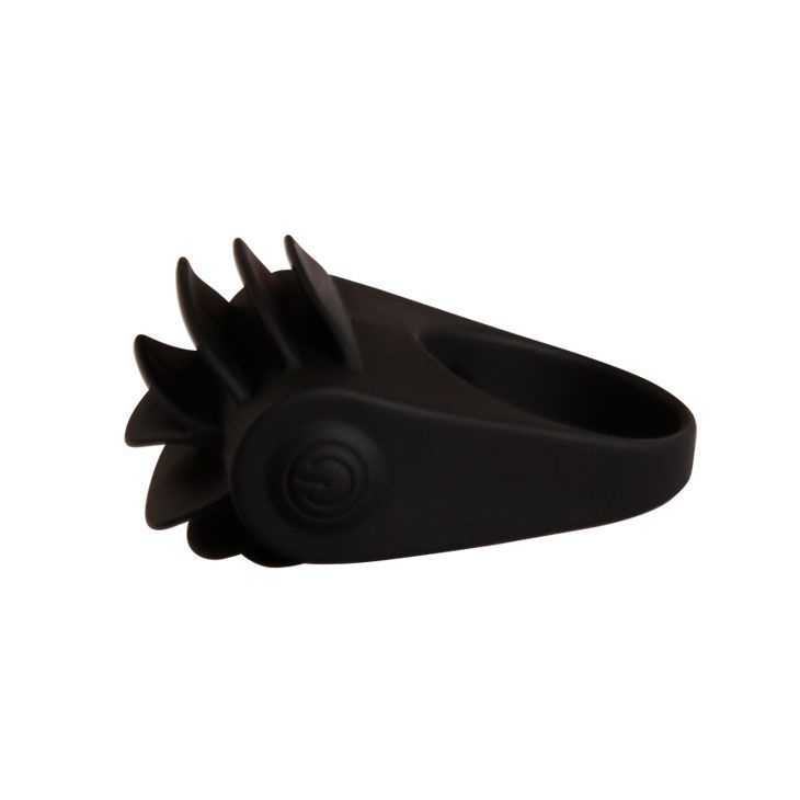 Schwarzer Penisring mit Vibrator. Ring mit Blättern und Knopf.
