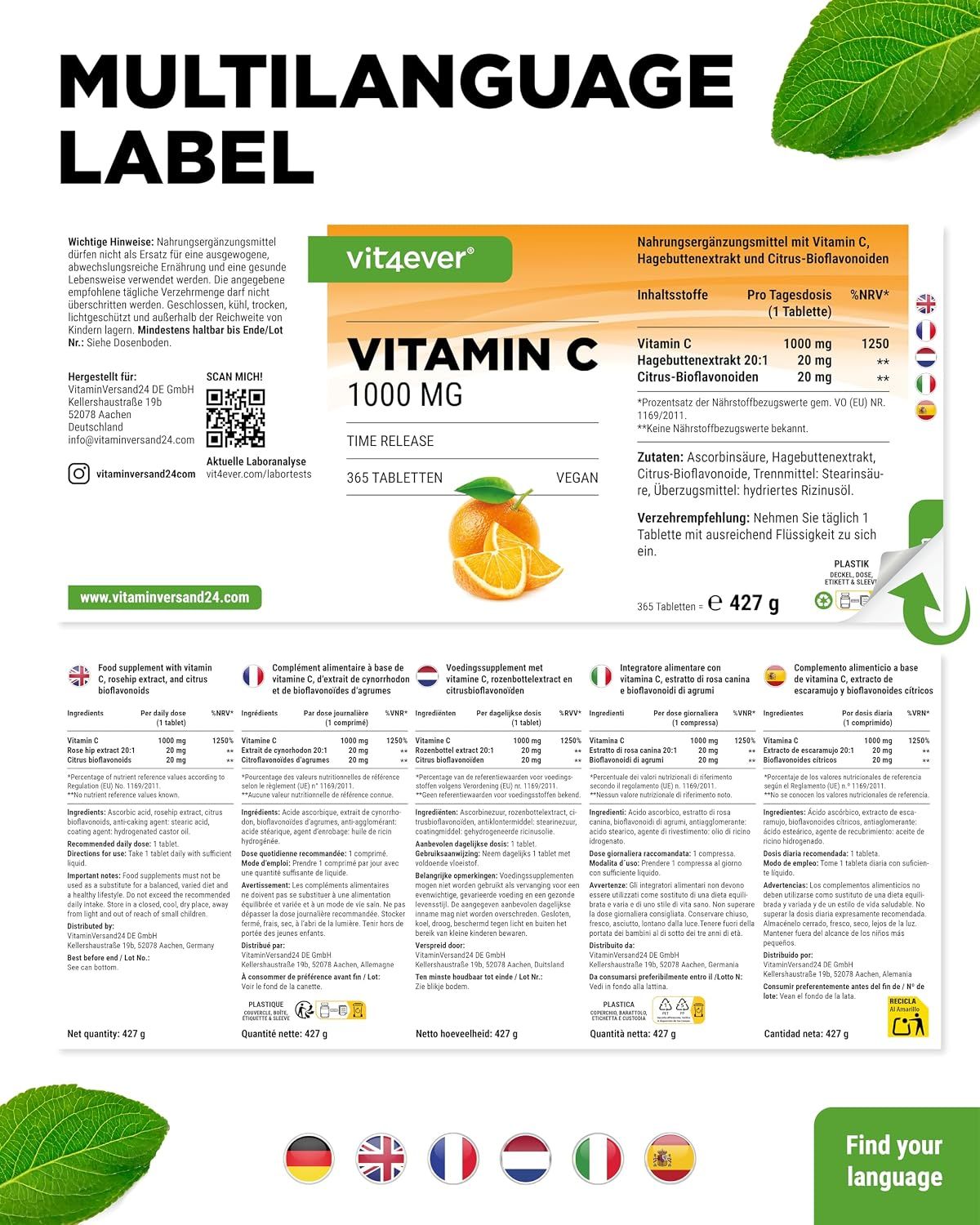 Vit4ever Vitamin C 1000mg: Mehrsprachiges Etikett mit Inhaltsstoffen und Anwendungshinweisen.