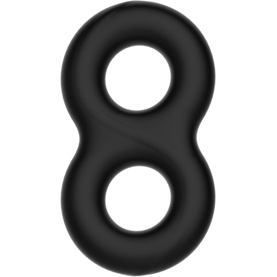 Schwarzer Penisring aus Silikon, in Form einer liegenden Acht mit zwei Öffnungen.