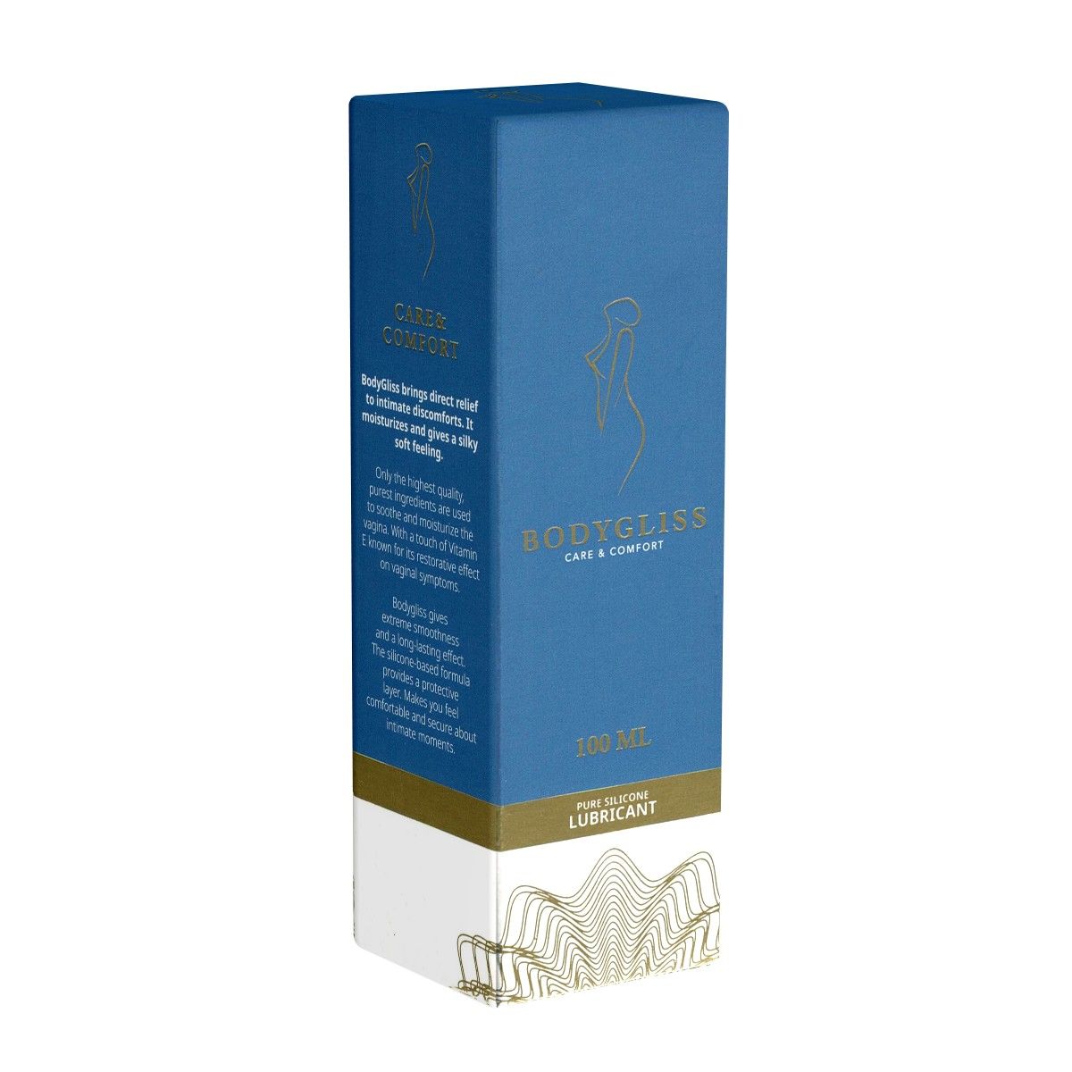 Blaue Verpackung mit goldener Verzierung. Aufschrift: BodyGliss Care & Comfort. 100 ml. Text über Inhaltsstoffe und Wirkung.