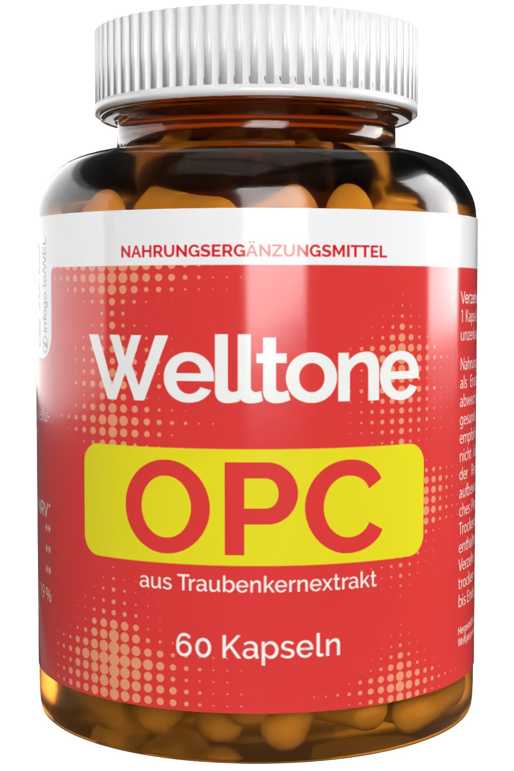 Braune Kapseln in einer transparenten Flasche. Aufschrift: Welltone OPC, 60 Kapseln. Gelbes Etikett mit rotem Hintergrund.
