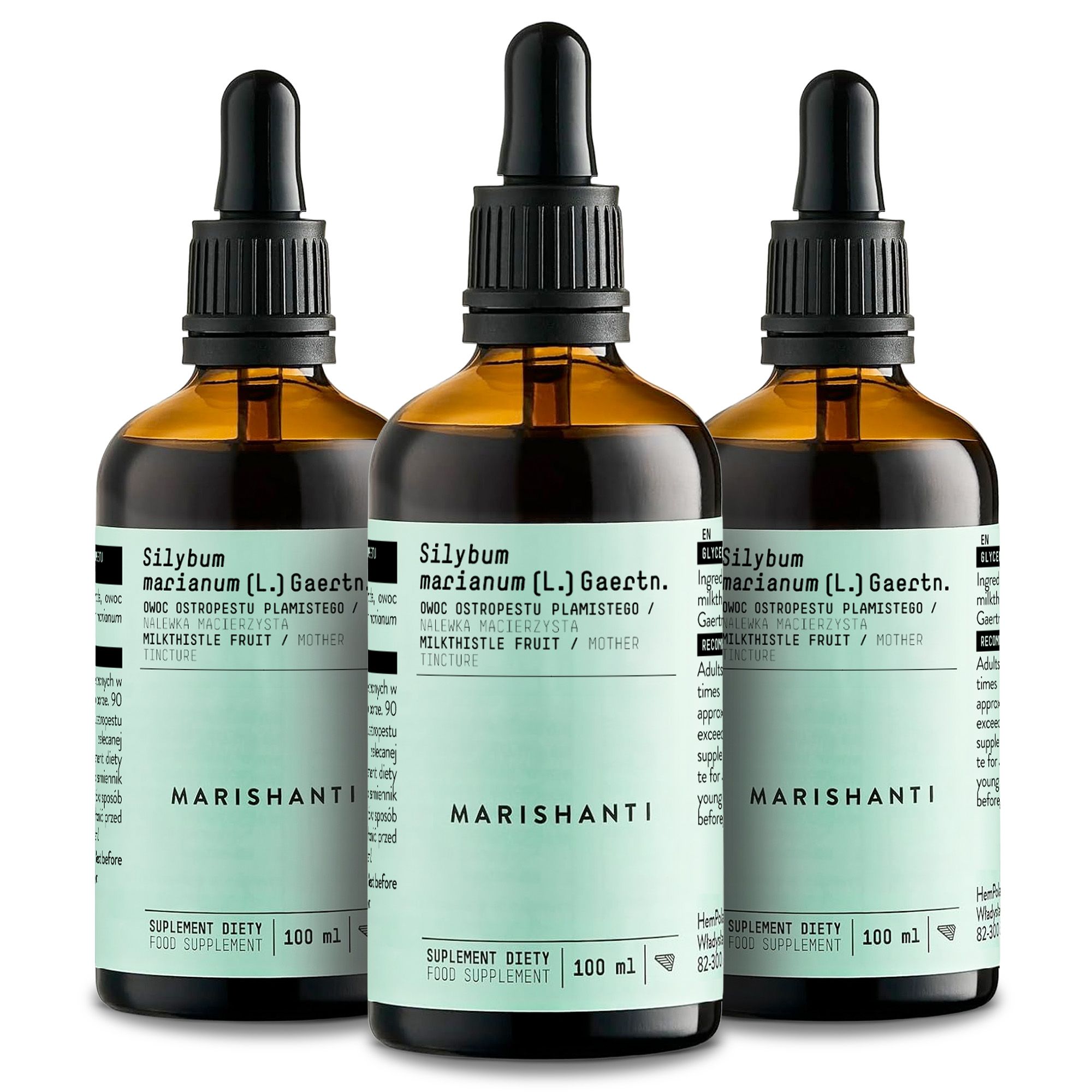 Drei braune Glasflaschen mit Tropfern. Marishanti Mariendistel Extrakt. Text: 100 ml. Aufschrift: Silybum marianum.