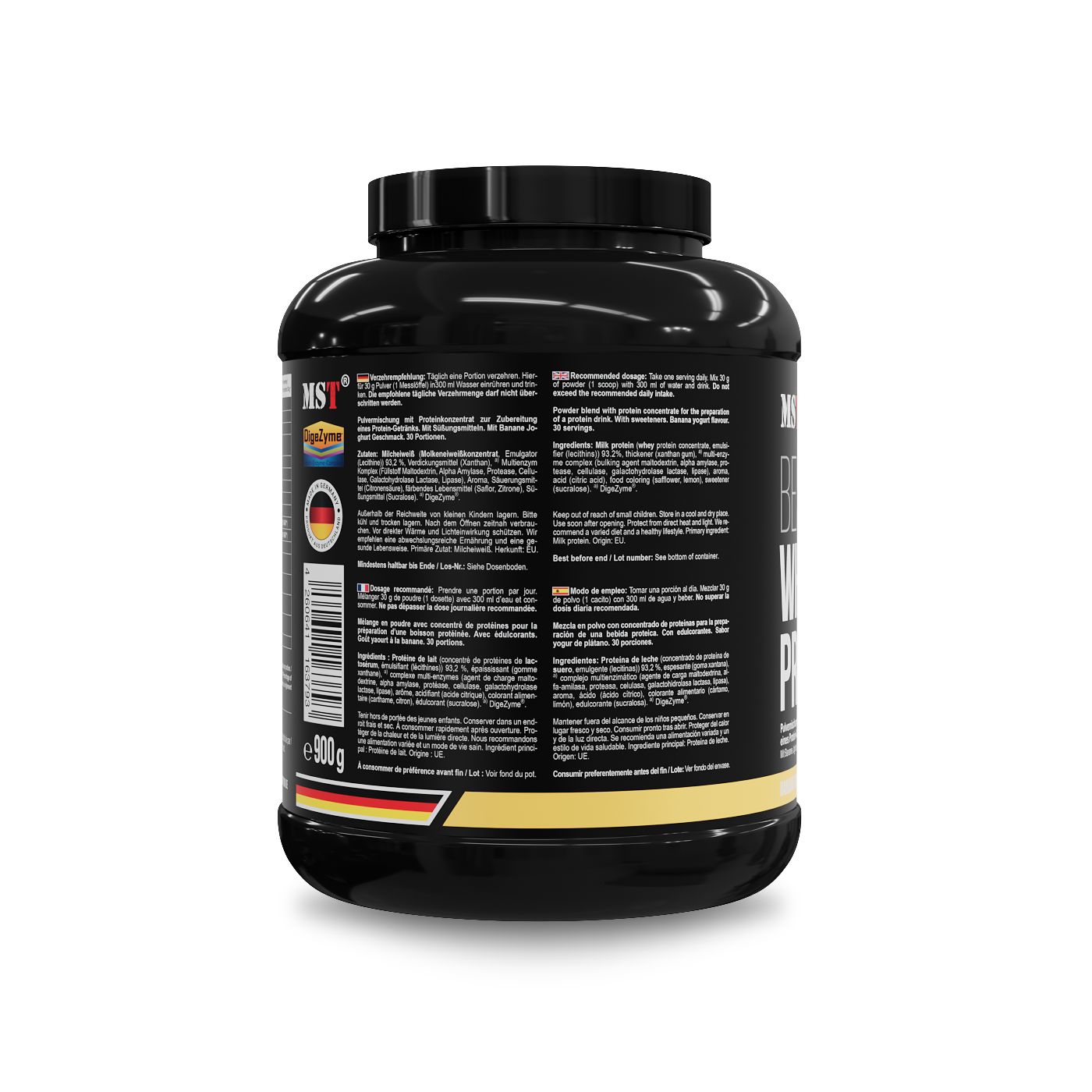 Rückseite der schwarzen Dose. Text in Deutsch, Französisch, Italienisch. Produktinformationen und Nährwertangaben.