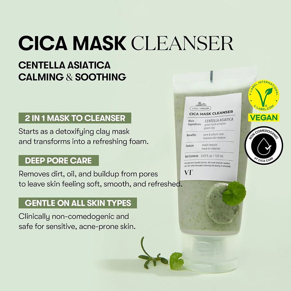 VT COSMETICS Cica Mask Cleanser 2 in 1. Weiße Tube mit grünem Inhalt. Vegan-Siegel und Informationen zur Anwendung.