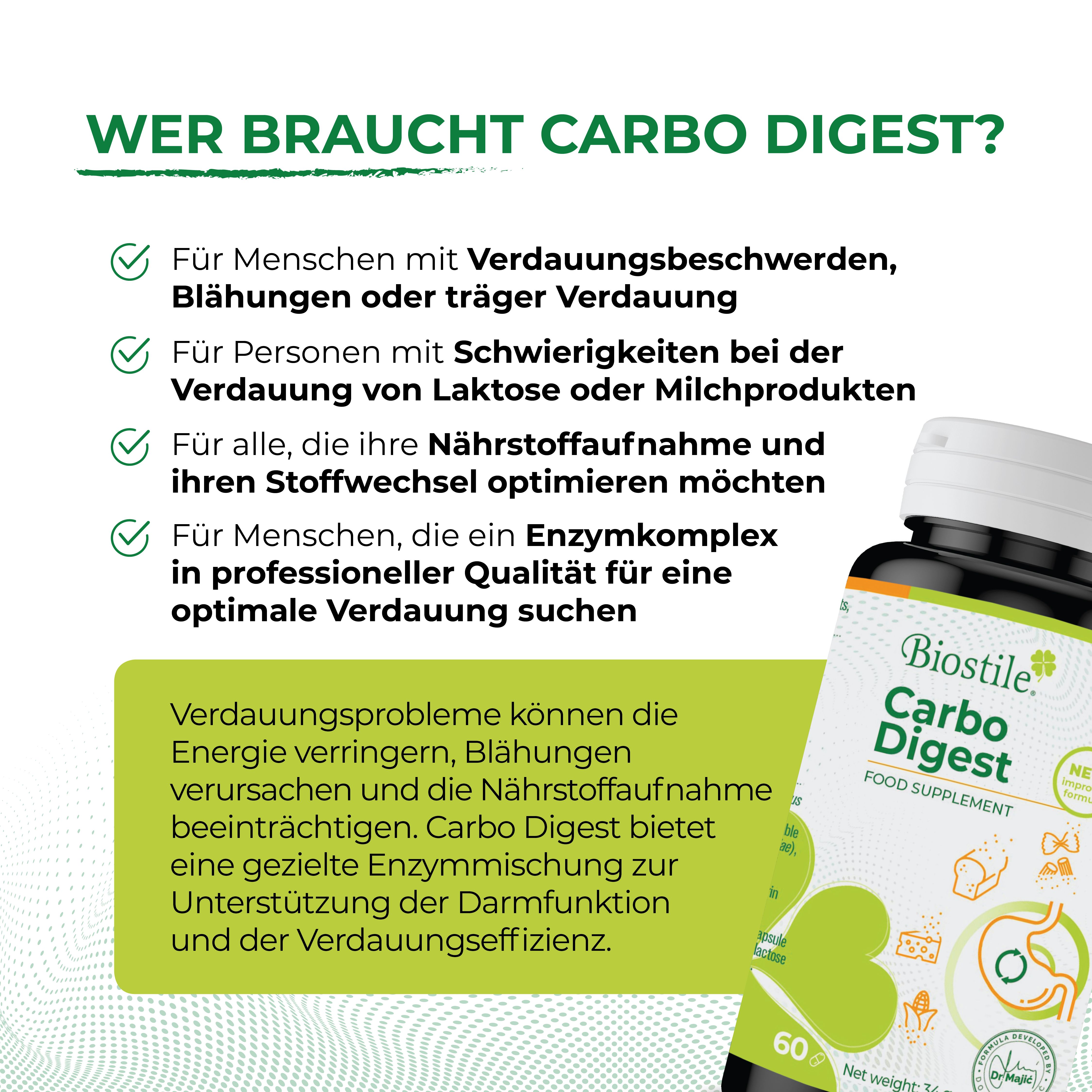 Produktflasche neben Text. Text: Wer braucht Carbo Digest? Aufzählung von Zielgruppen. Flasche mit 60 Kapseln.