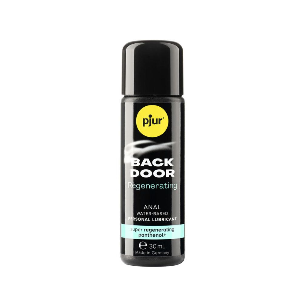 Kleine Flasche mit schwarzem Deckel. Aufschrift: pjur, BACK DOOR, Regenerating, ANAL WATER-BASED PERSONAL LUBRICANT, super regenerating panthenol+. 30ml.