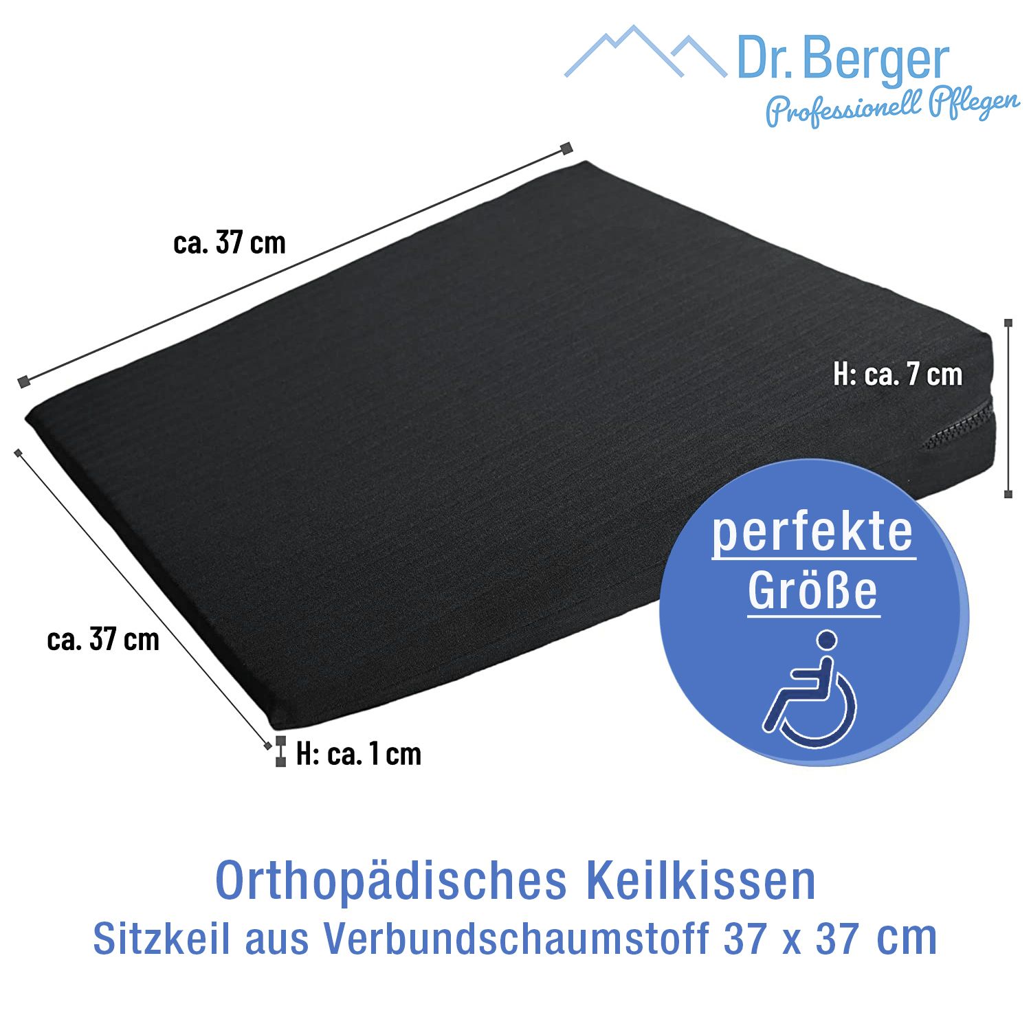 Schwarzes, keilförmiges Kissen mit Maßangaben: ca. 37x37x7 cm. Dr. Berger Logo und Text.