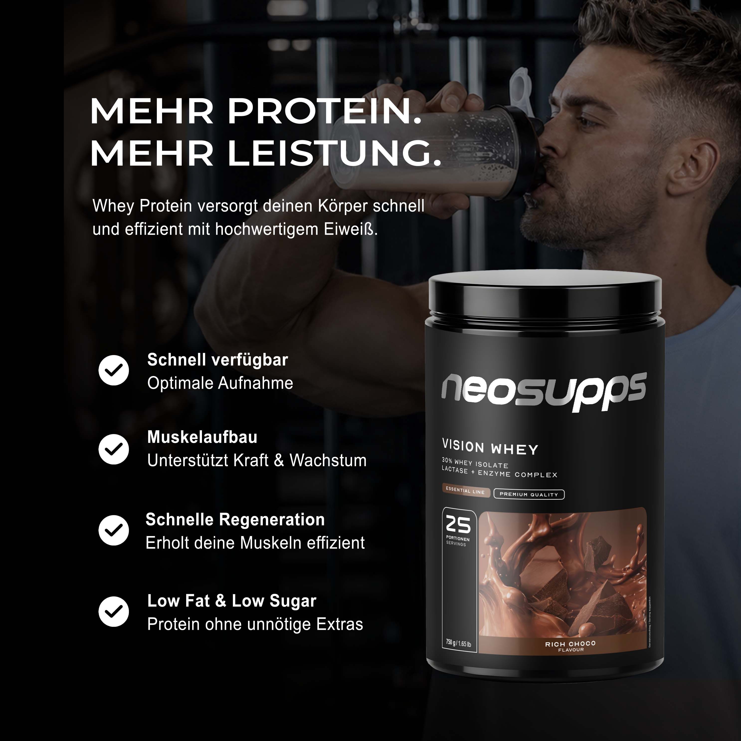 Neosupps Whey Proteinpulver Rich Choco, 750g, Protein Pulver, Proteinshake