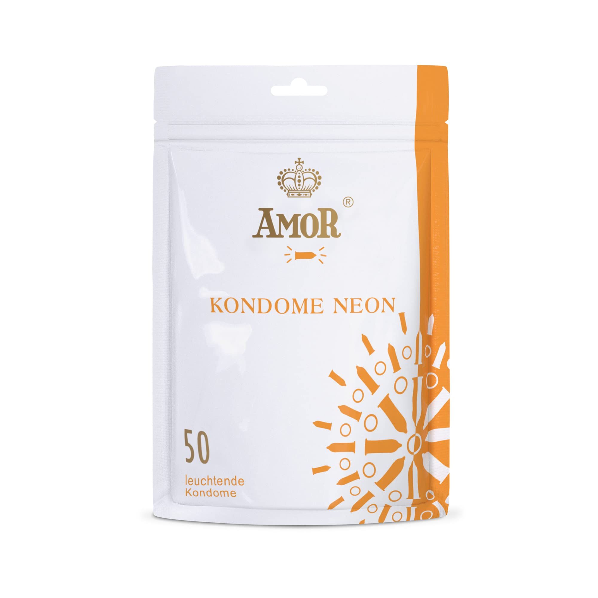 AMOR Kondome Neon Packung mit 50 leuchtenden Kondomen.